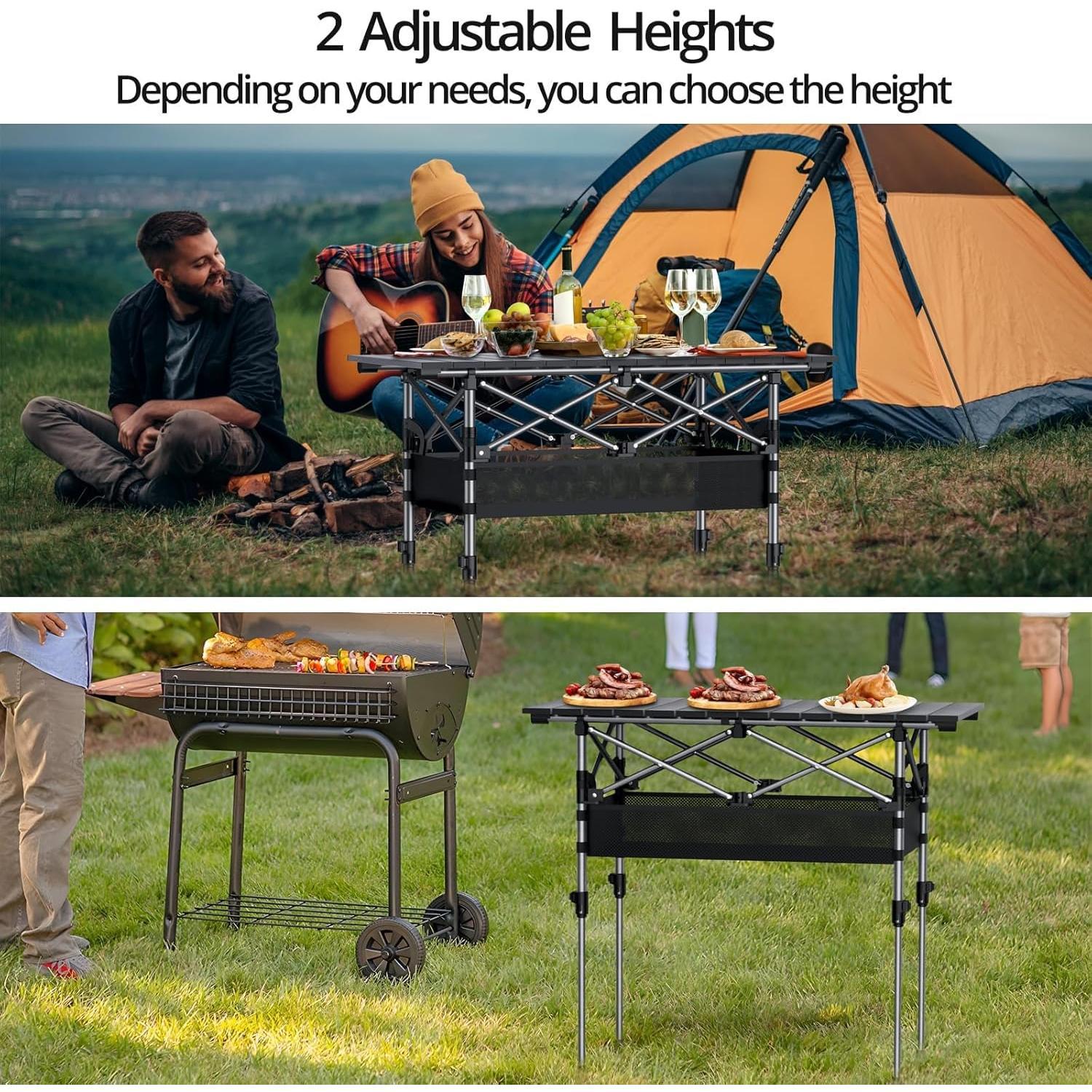 Anbte 2 Adjustable Height Folding Camping Table, Aluminum Roll Top with Storage Net & Bag, 32.2" x 16" Black for Tailgate BBQ Picnic