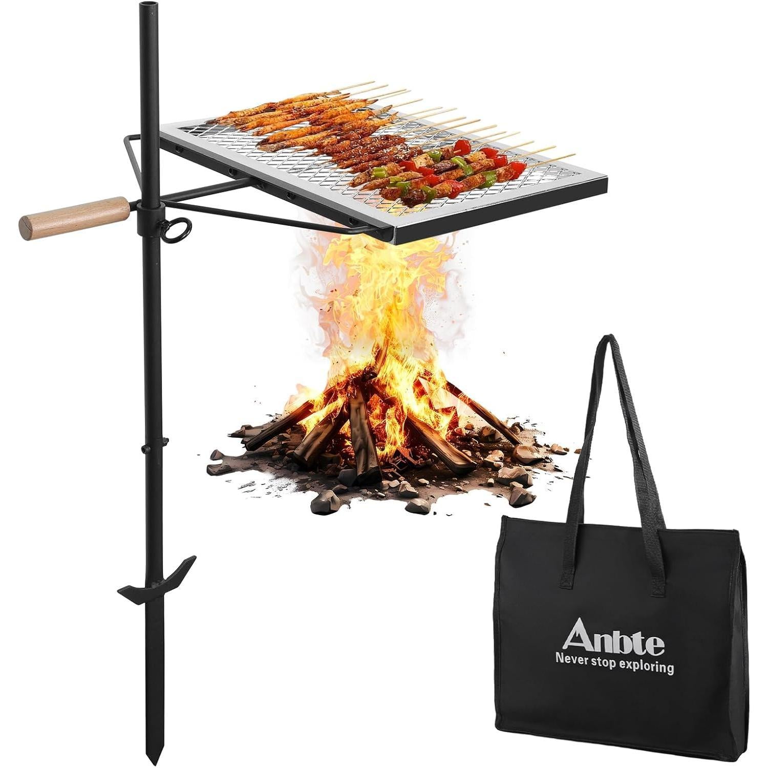 Anbte 35" Swivel Campfire Grill Grate, 360° Adjustable Heavy Duty Chrome-Plated Steel Fire Pit Grill with Carry Bag, Portable for Camping Backyard Outdoor BBQ Cooking Open Fire