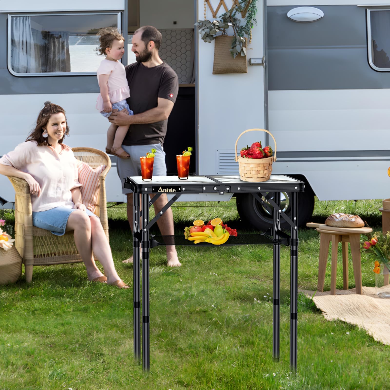 Anbte 2ft Folding Camping Table, 3 Adjustable Height Aluminum Small Table with Storage Net, Portable for Outdoor Indoor Camping BBQ