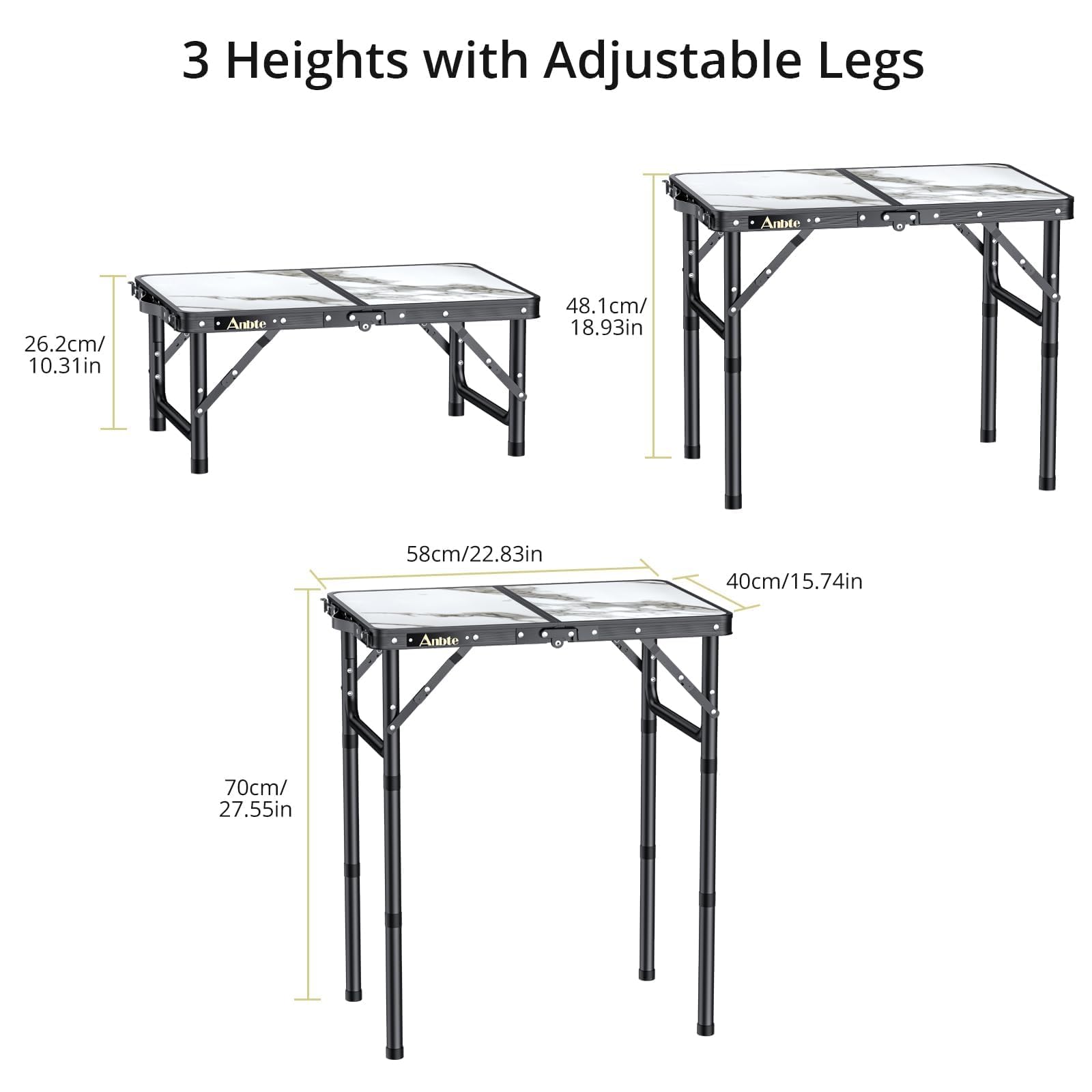Anbte 2ft Folding Camping Table, 3 Adjustable Height Aluminum Small Table with Storage Net, Portable for Outdoor Indoor Camping BBQ