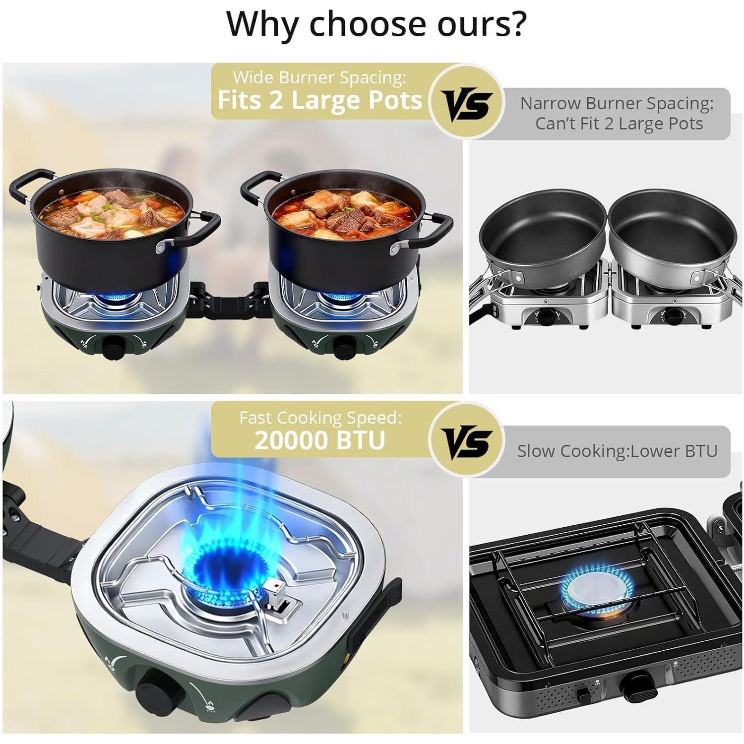 Anbte 20,000 BTU 2-Burner Propane Foldable Camping Stove, Portable Camping Stove with Adjustable Burners 20.6" Wide Spacing & Complete Kit, for Cooking, Car Camping, Beach, RV, Tailgating Essentials