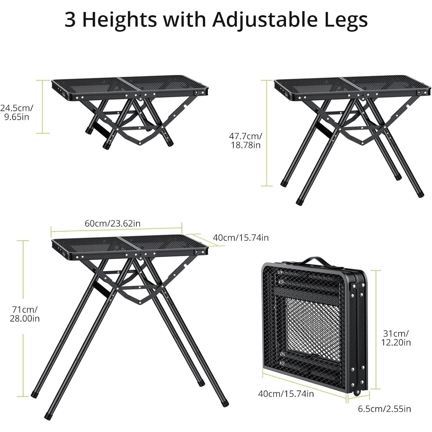 Anbte 2ft Folding Grill Table, 3 Adjustable Height 180lbs Heat-Resistant Metal Table, 24" x 16" Black for Camping BBQ Outdoor