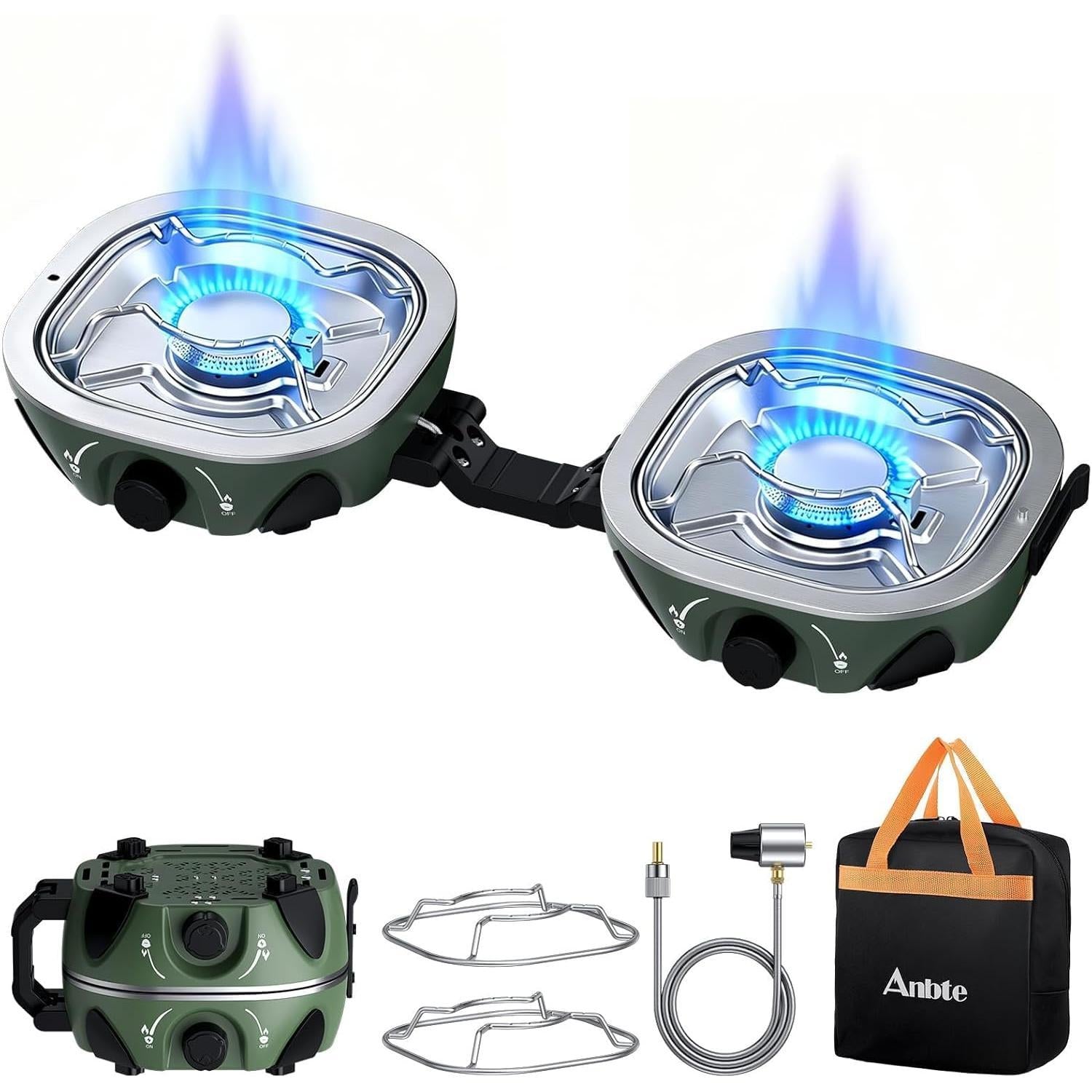 Anbte 20.6" Wide Spacing Propane Camping Stove, Folding Camping Stove with Adjustable Burners & Storage bag, Portable Handle for Outdoor Cooking Beach RV Travel BBQ Tailgating & Emergency Use, Green