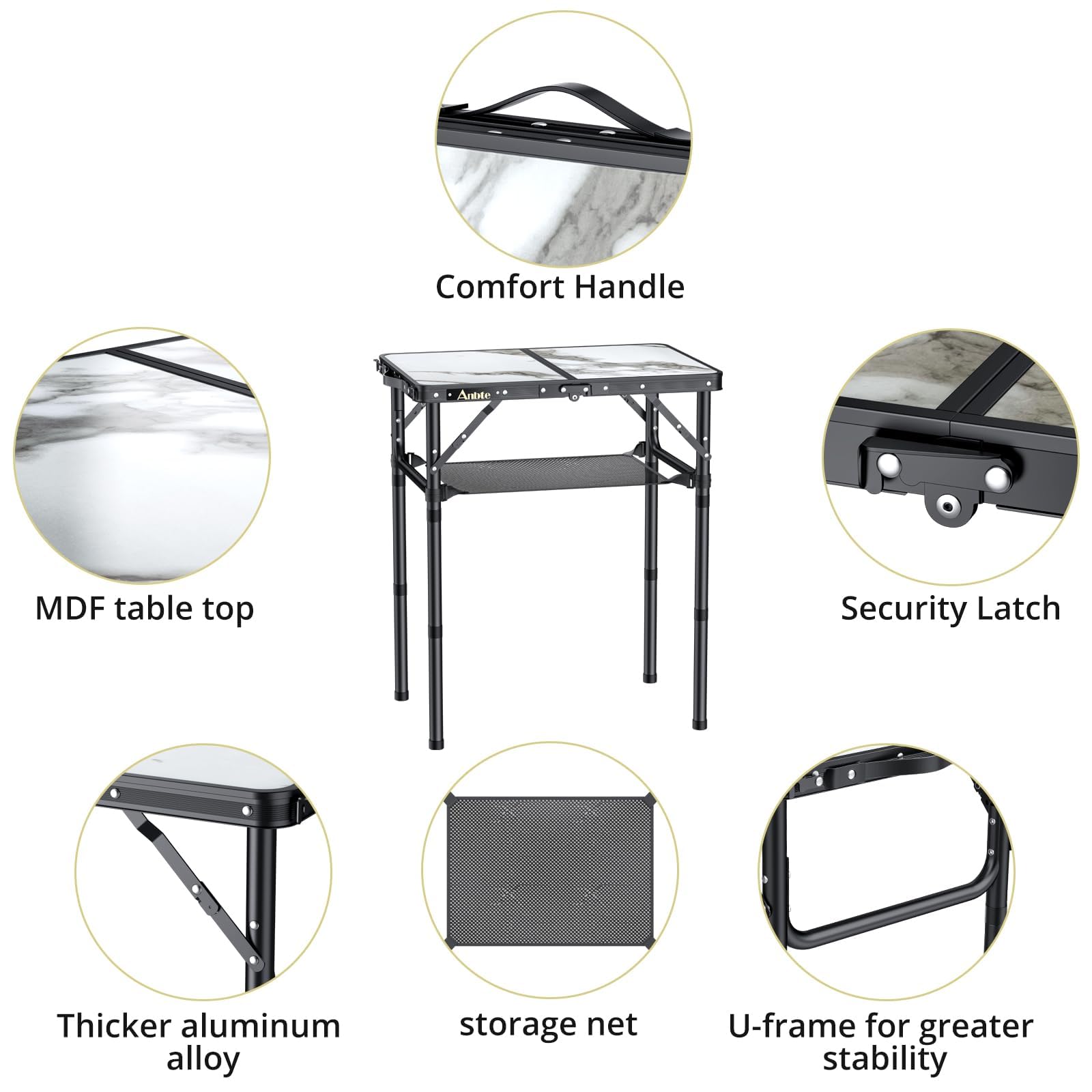 Anbte 2ft Folding Camping Table, 3 Adjustable Height Aluminum Small Table with Storage Net, Portable for Outdoor Indoor Camping BBQ