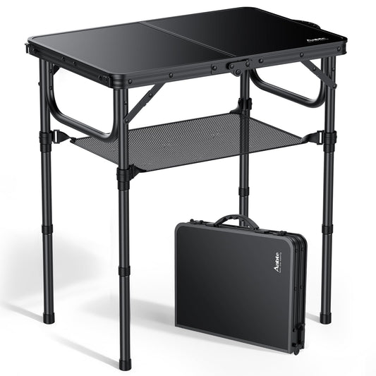 Anbte 2ft Folding Camping Table with Storage Net, 3 Adjustable Heights Small Folding Table Lightweight & Portable with Carry Handle, for Camping, Fishing, Picnic, Beach, Outdoor, 22.8" x 15.7", Black
