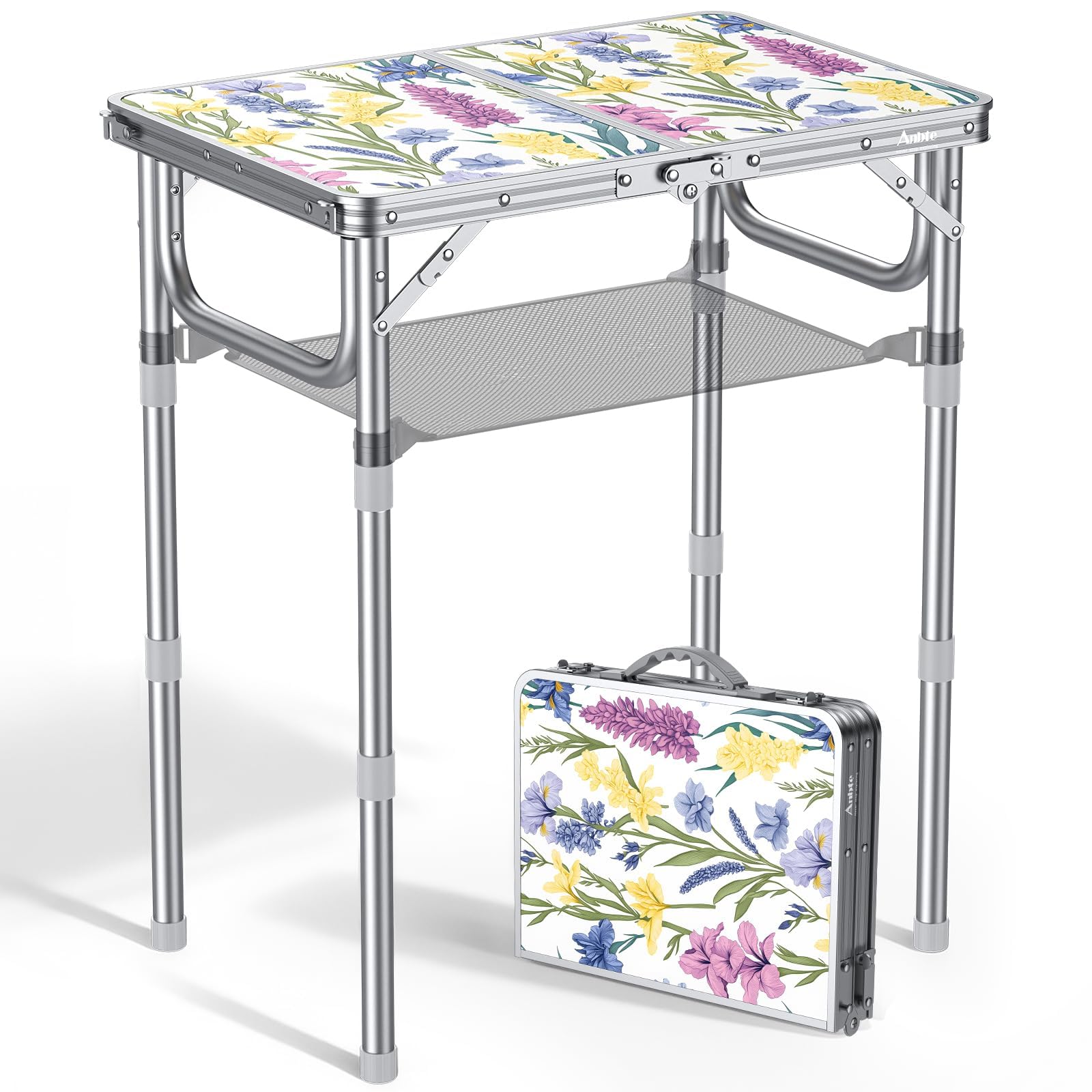 Anbte 2ft Folding Camping Table, 3 Adjustable Height Aluminum Small Table with Storage Net, Portable for Outdoor Indoor Camping BBQ