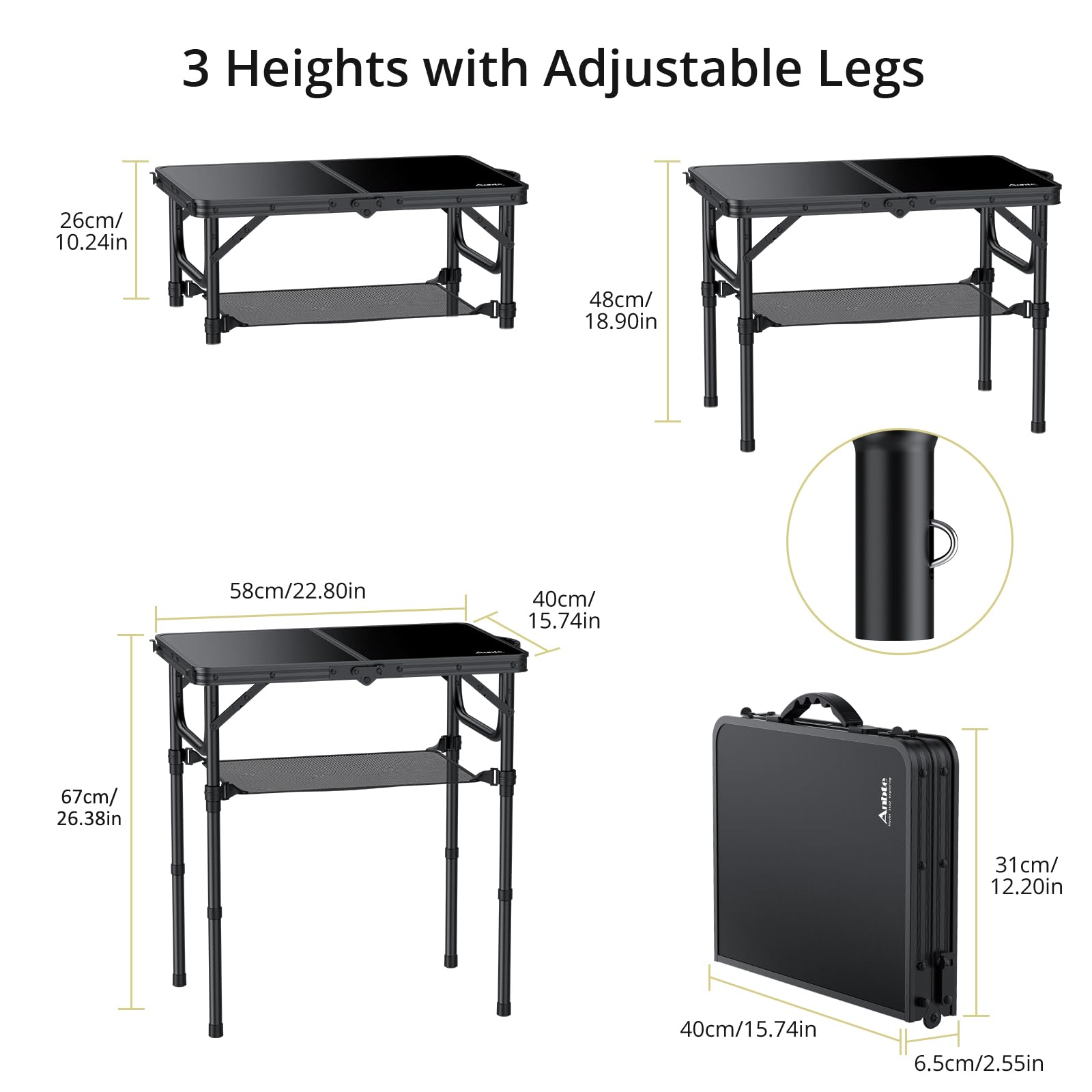Anbte 22.8" x 15.7" Folding Camping Table, Lightweight Aluminum 3 Height Adjustable Table with Carry Handle & Storage Net for Beach RV Travel