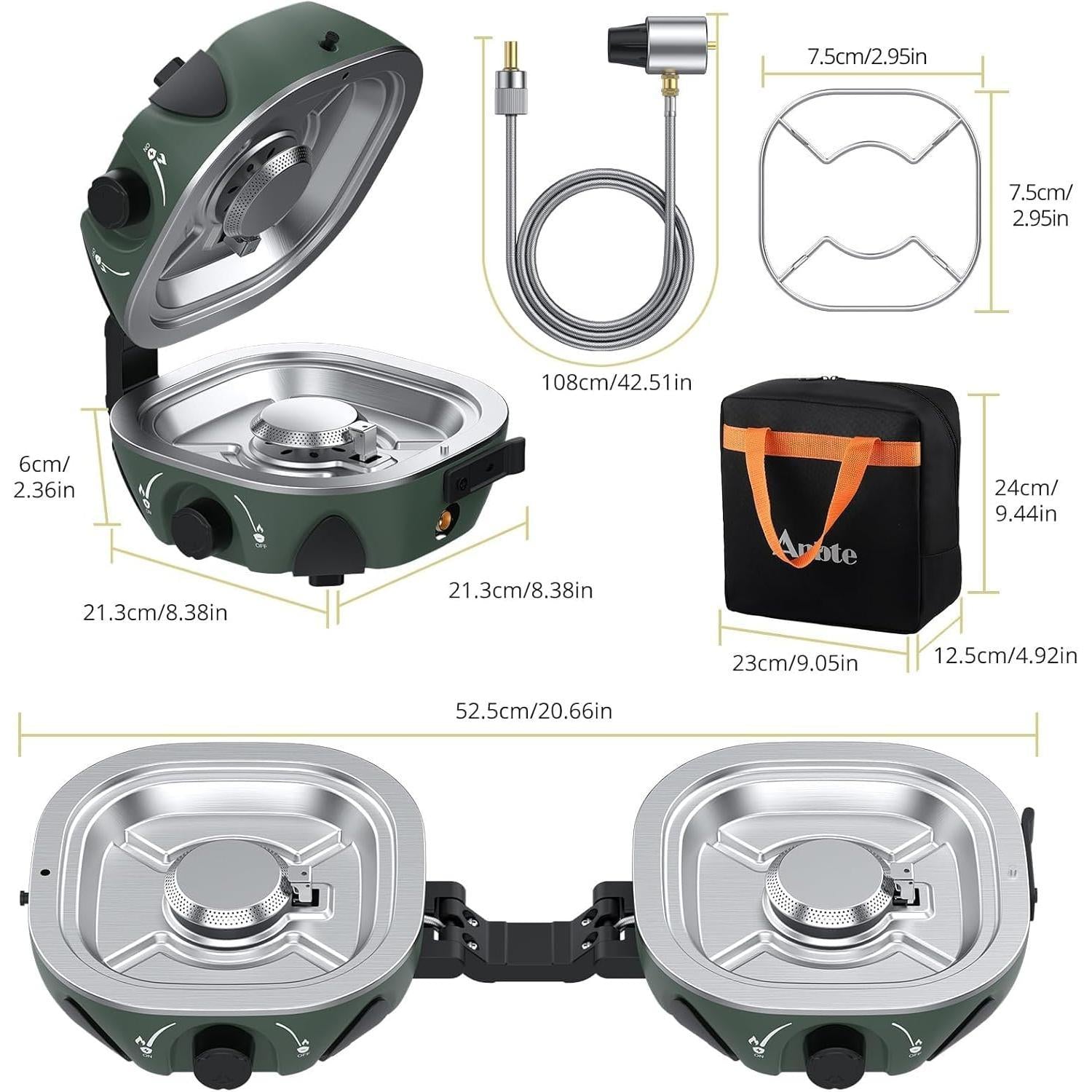Anbte 20.6" Wide Spacing Propane Camping Stove, Folding Camping Stove with Adjustable Burners & Storage bag, Portable Handle for Outdoor Cooking Beach RV Travel BBQ Tailgating & Emergency Use, Green