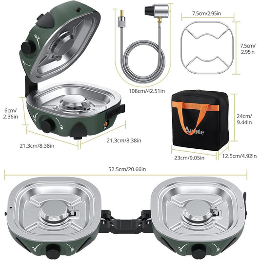 Anbte 20.6" Wide Spacing Propane Camping Stove, Folding Camping Stove with Adjustable Burners & Storage bag, Portable Handle for Outdoor Cooking Beach RV Travel BBQ Tailgating & Emergency Use, Green