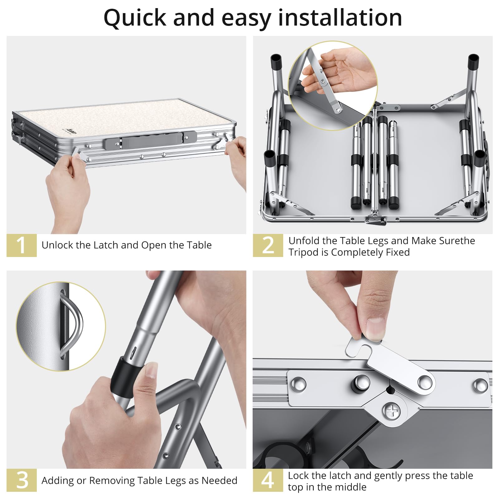 Anbte 3 Adjustable Height Folding Camping Table, 24" x 16" Aluminum Portable Table with Carry Handle, for Outdoor Picnic BBQ
