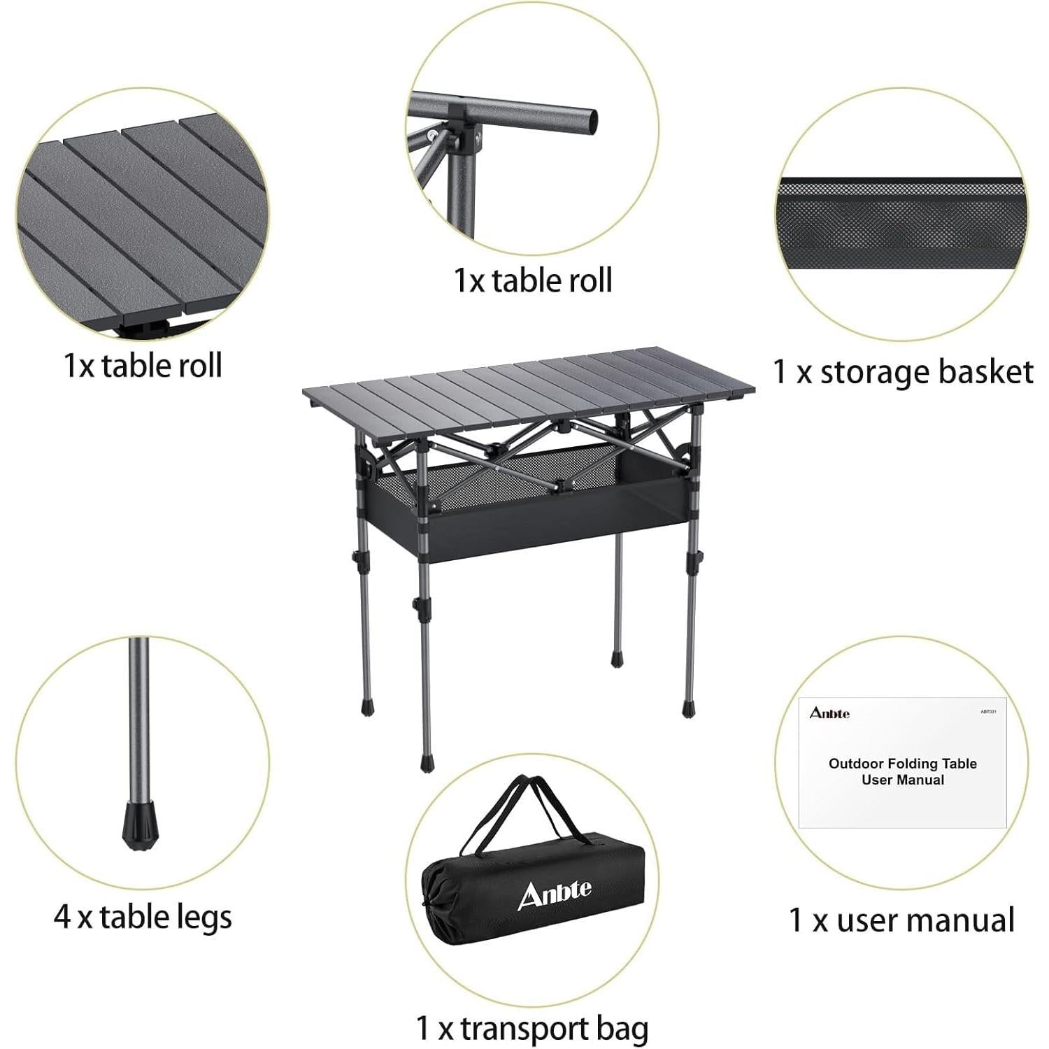 Anbte 2 Adjustable Height Folding Camping Table, Aluminum Roll Top with Storage Net & Bag, 32.2" x 16" Black for Tailgate BBQ Picnic