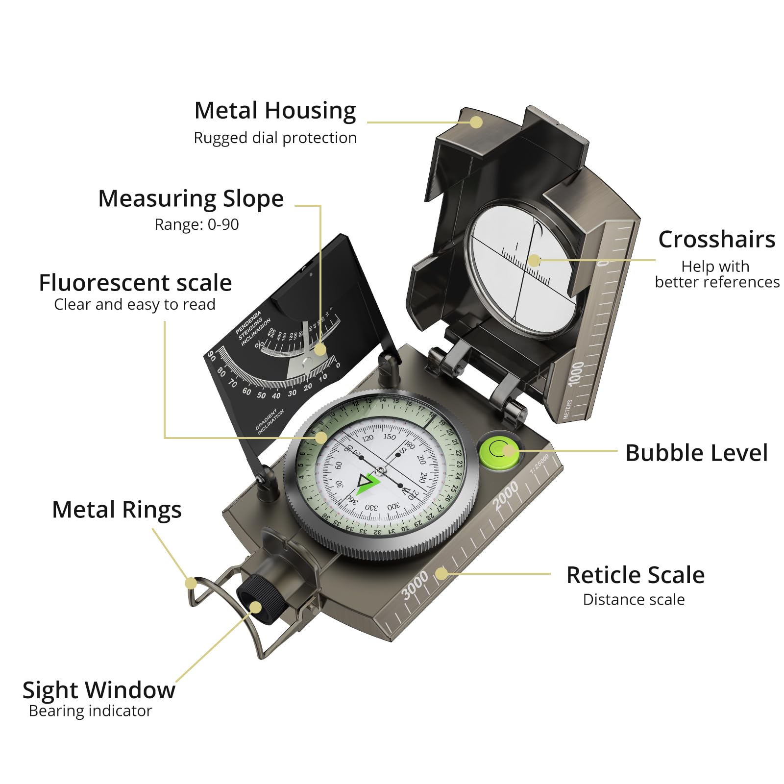 Anbte IP65 Waterproof Metal Sighting Compass with Clinometer, Portable Survival Navigation Gear for Hiking Hunting Camping Geology