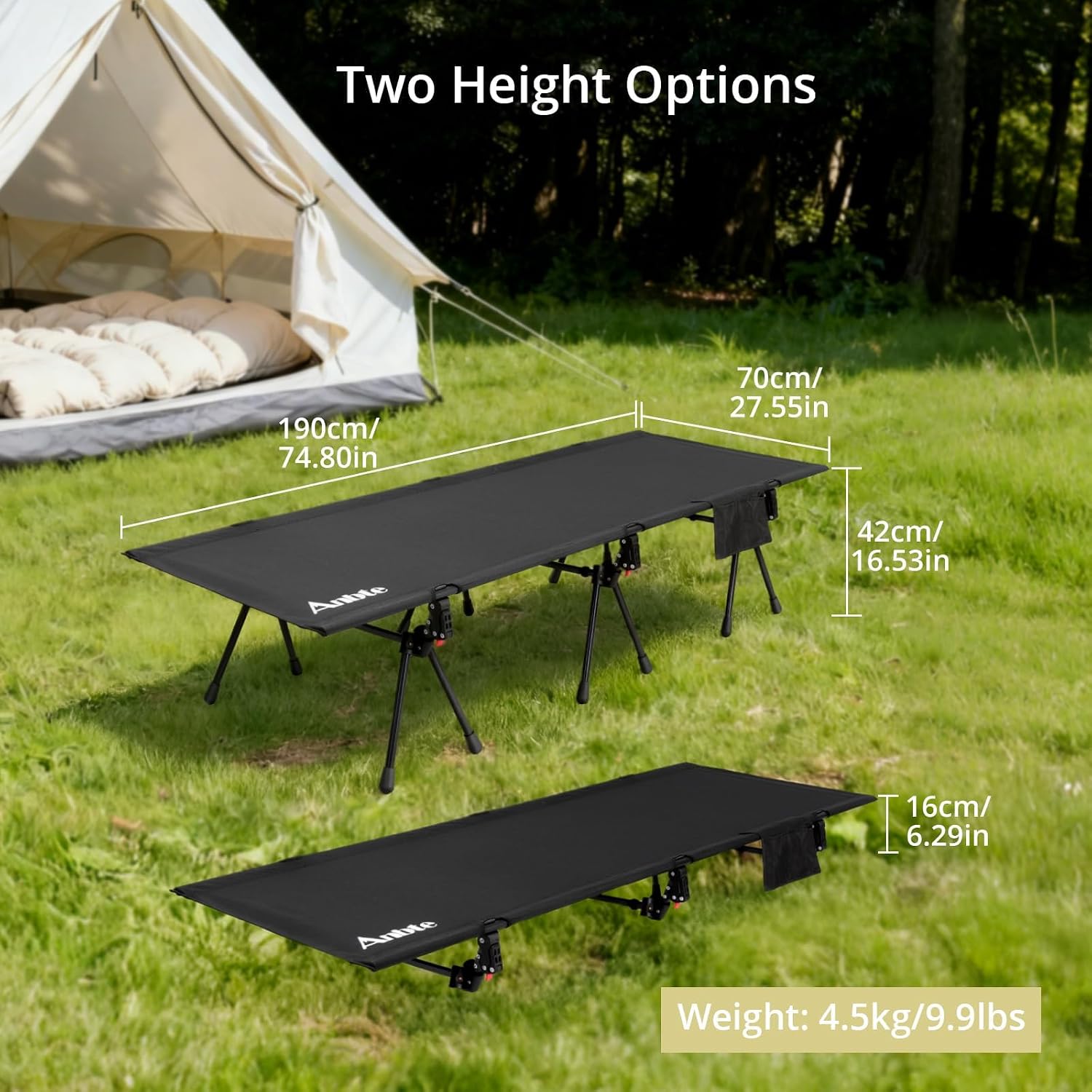 Anbte 400lbs Height Adjustable Camping Cot, 74.8" x 27.5" Folding Bed with Storage Net & Bag, Portable for Camping Travel Beach
