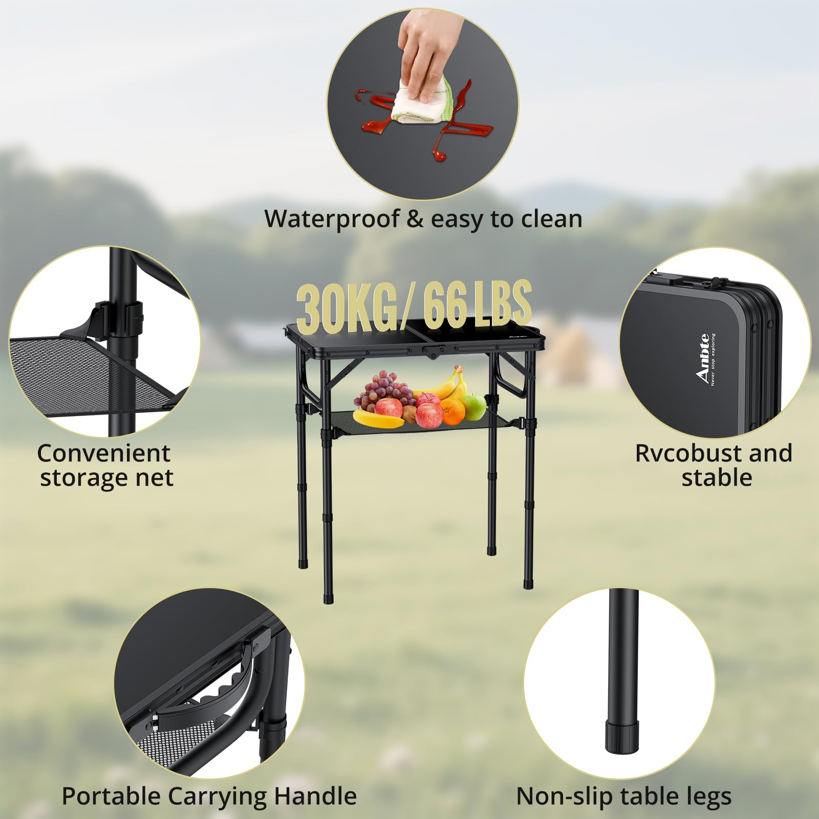 Anbte 22.8" x 15.7" Folding Camping Table, Lightweight Aluminum 3 Height Adjustable Table with Carry Handle & Storage Net for Beach RV Travel