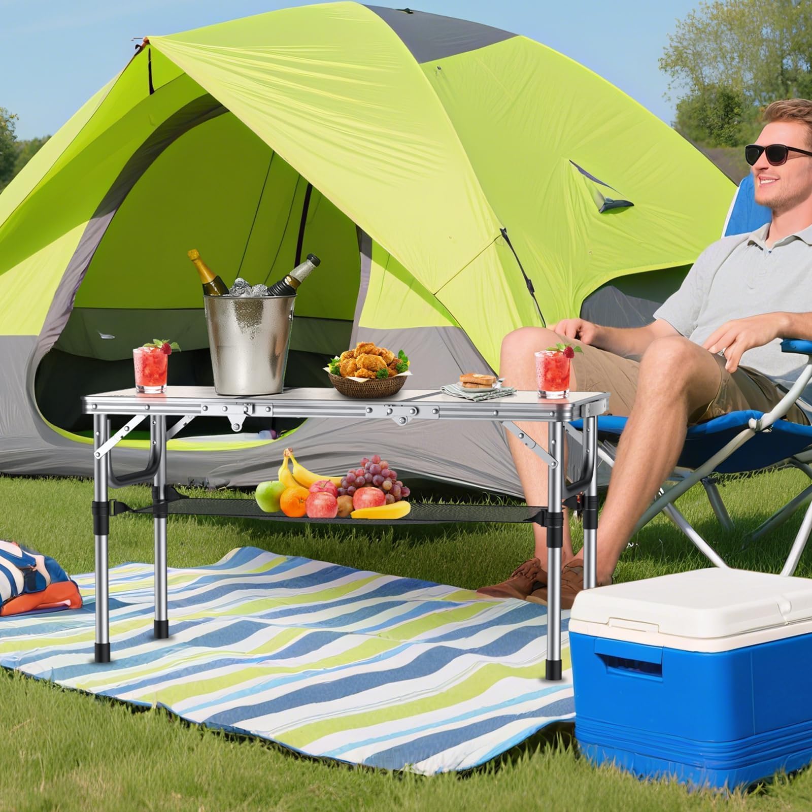 Anbte 3ft Tri-fold Camping Table, 3 Adjustable Height Aluminum Folding Table with Storage Net, for Outdoor BBQ Picnic