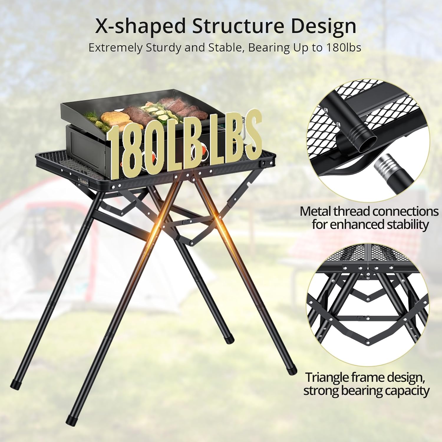 Anbte 2ft Folding Grill Table, 3 Adjustable Height 180lbs Heat-Resistant Metal Table, 24" x 16" Black for Camping BBQ Outdoor