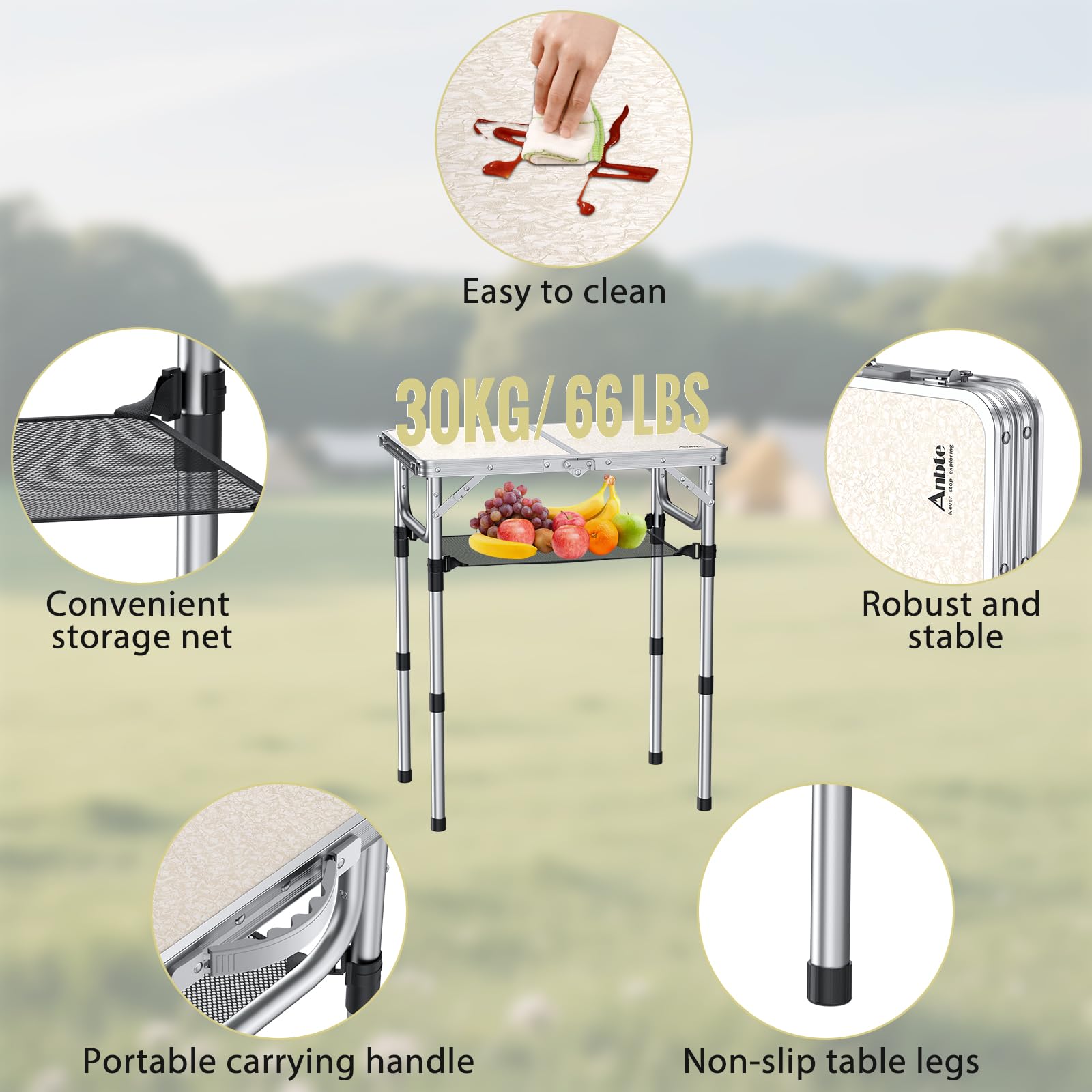 Anbte 3 Adjustable Height Folding Camping Table, 24" x 16" Aluminum Portable Table with Carry Handle, for Outdoor Picnic BBQ
