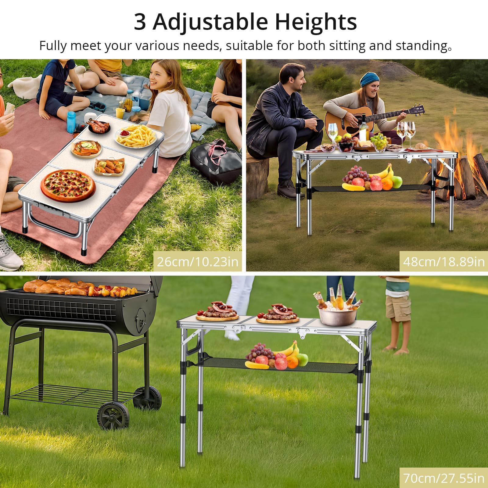 Anbte 3ft Tri-fold Camping Table, 3 Adjustable Height Aluminum Folding Table with Storage Net, for Outdoor BBQ Picnic