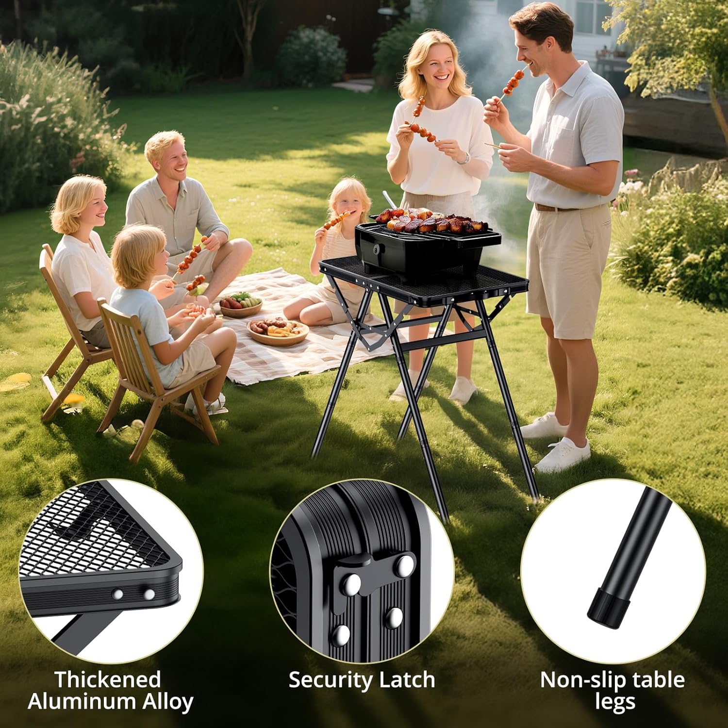 Anbte 2ft Folding Grill Table, 3 Adjustable Height 180lbs Heat-Resistant Metal Table, 24" x 16" Black for Camping BBQ Outdoor