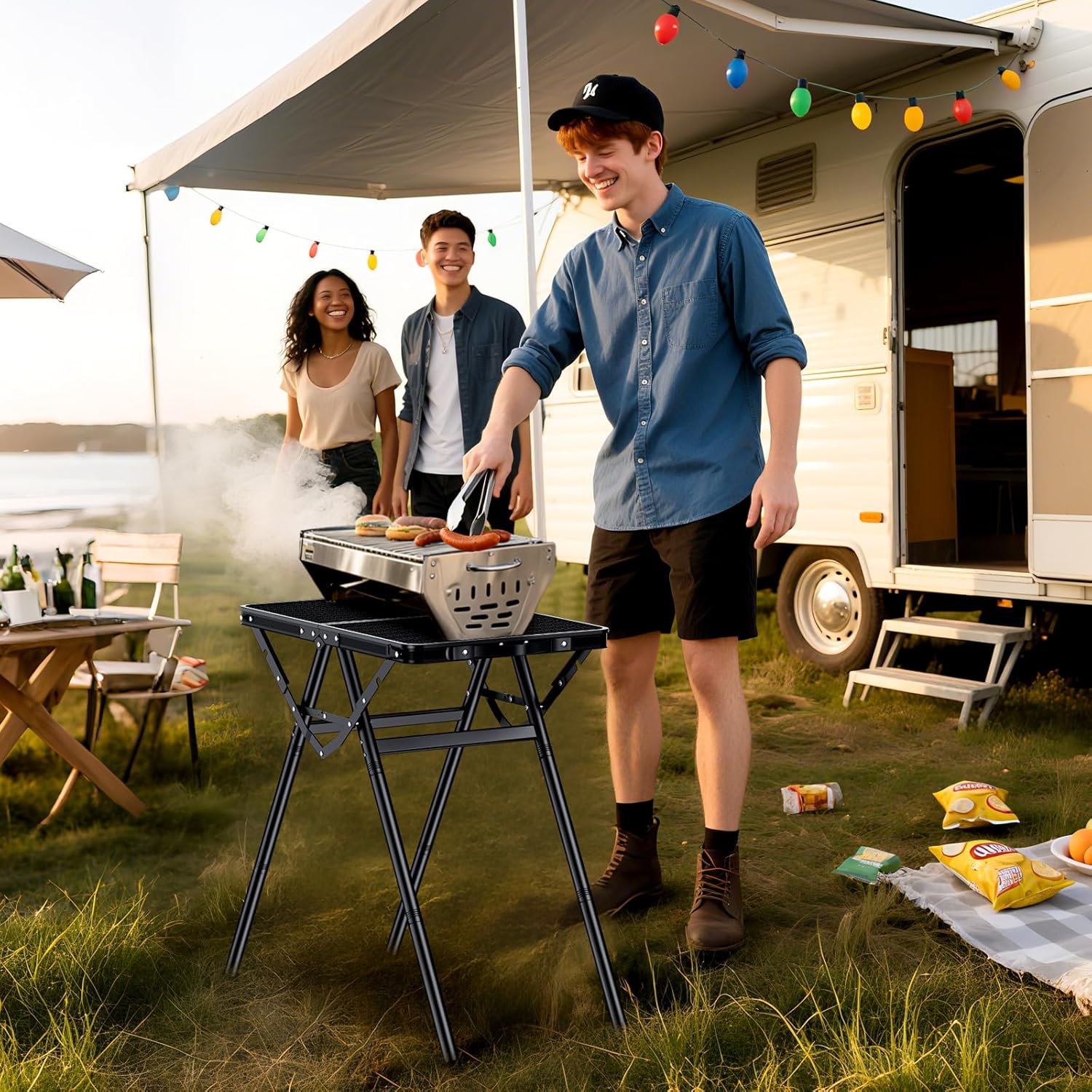 Anbte 2ft Folding Grill Table, 3 Adjustable Height 180lbs Heat-Resistant Metal Table, 24" x 16" Black for Camping BBQ Outdoor