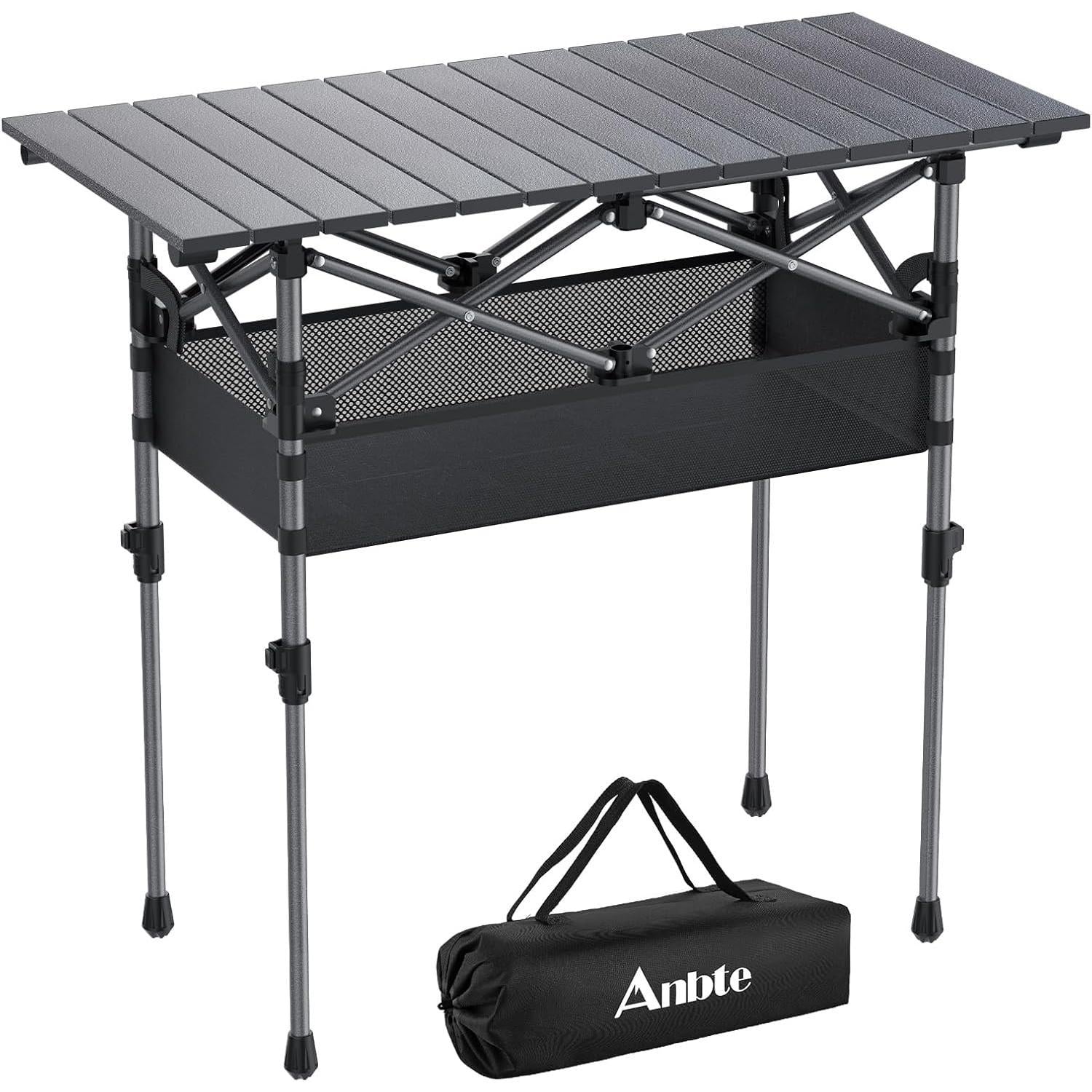 Anbte 2 Adjustable Height Folding Camping Table, Aluminum Roll Top with Storage Net & Bag, 32.2" x 16" Black for Tailgate BBQ Picnic
