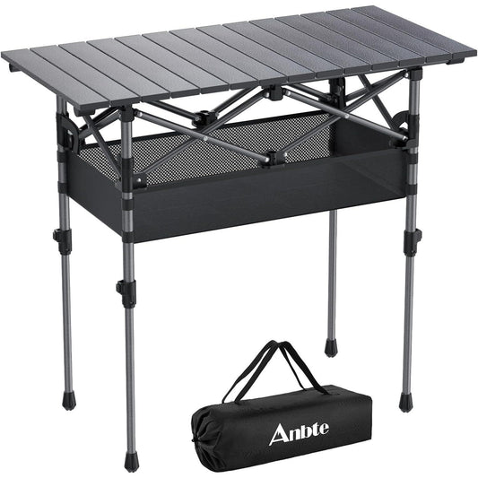 Anbte 2 Adjustable Height Folding Camping Table, Aluminum Roll Top with Storage Net & Bag, 32.2" x 16" Black for Tailgate BBQ Picnic