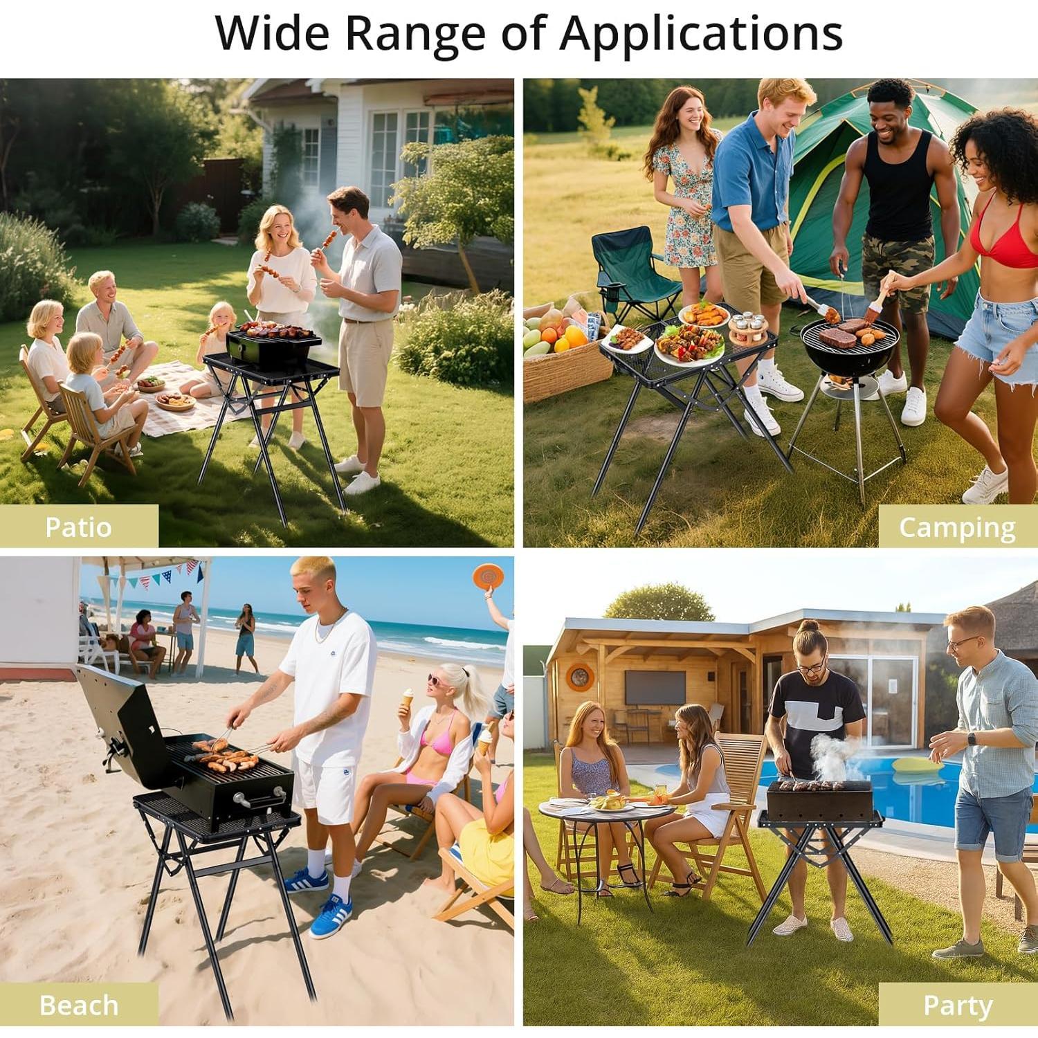 Anbte 2ft Folding Grill Table, 3 Adjustable Height 180lbs Heat-Resistant Metal Table, 24" x 16" Black for Camping BBQ Outdoor