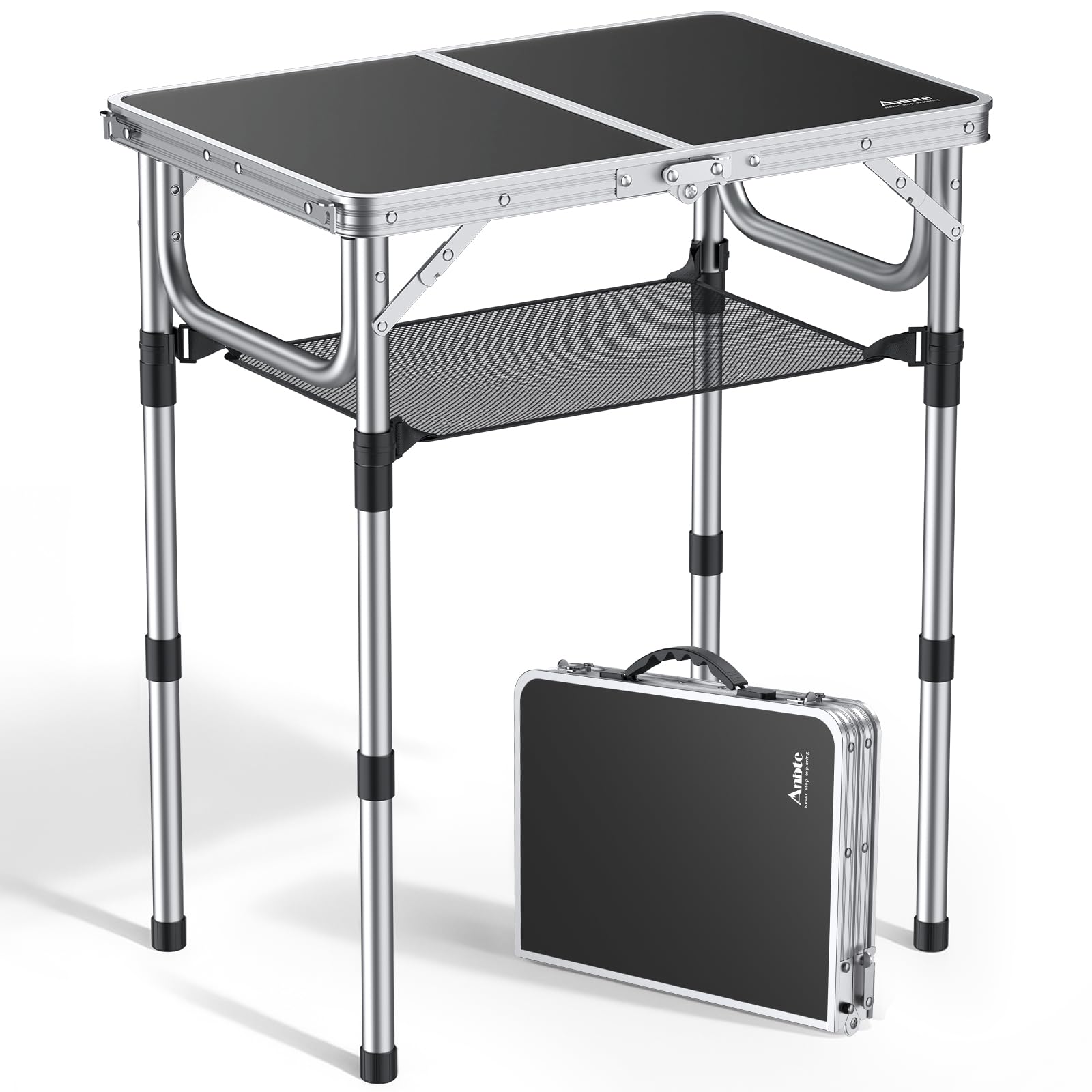 Anbte 3 Adjustable Height Folding Camping Table, 24" x 16" Aluminum Portable Table with Carry Handle, for Outdoor Picnic BBQ