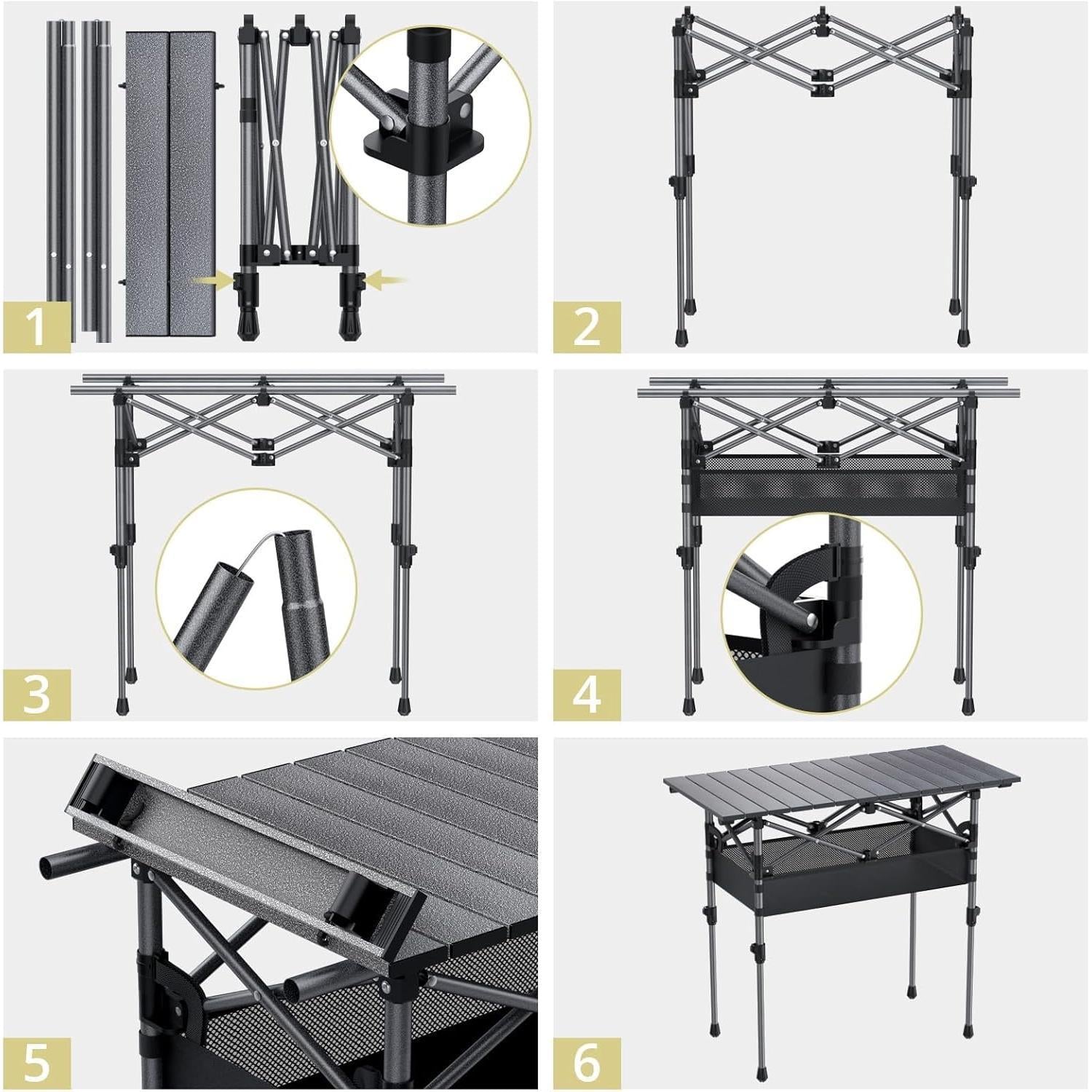 Anbte 2 Adjustable Height Folding Camping Table, Aluminum Roll Top with Storage Net & Bag, 32.2" x 16" Black for Tailgate BBQ Picnic