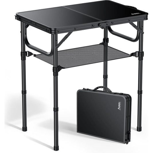 Anbte 2ft Folding Camping Table with Storage Net, 3 Adjustable Heights Small Folding Table Lightweight & Portable with Carry Handle, for Camping, Fishing, Picnic, Beach, Outdoor, 22.8" x 15.7", Black