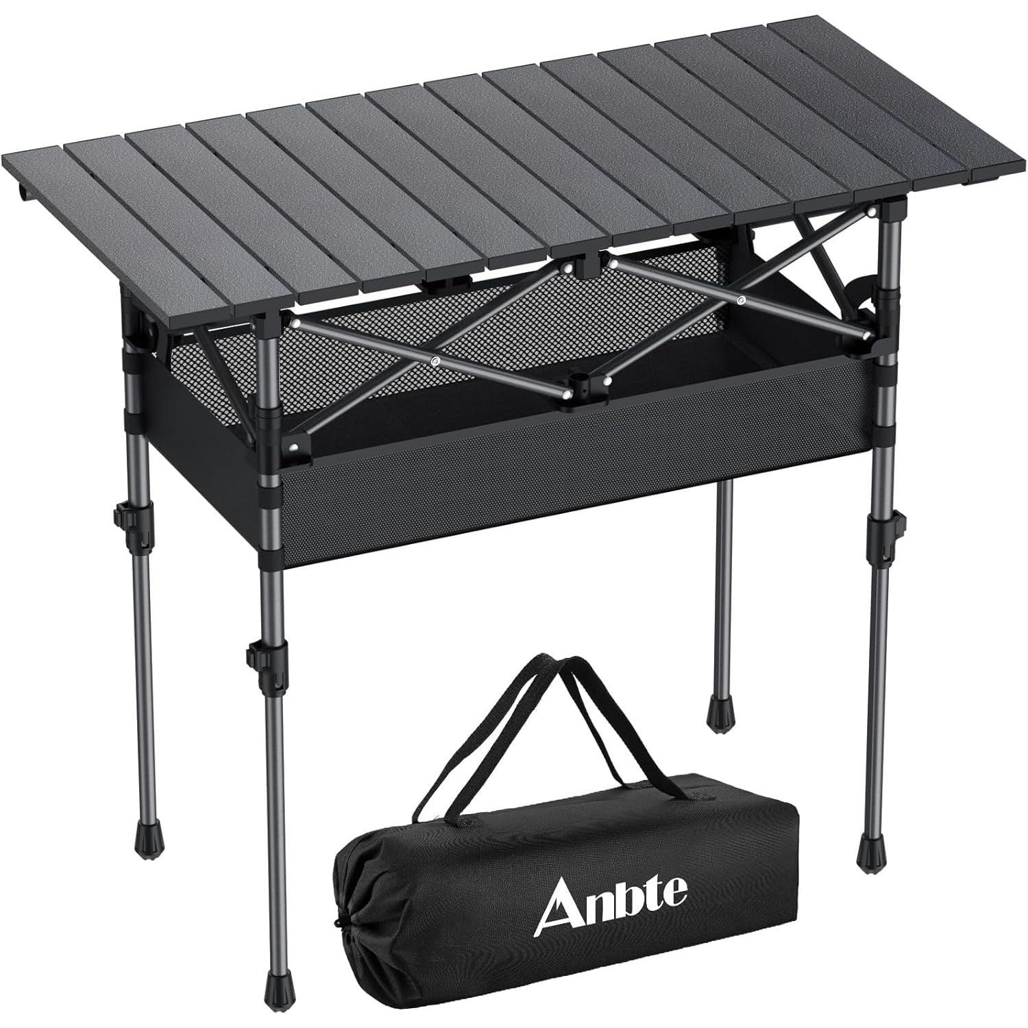 Anbte 2 Adjustable Height Folding Camping Table, Aluminum Roll Top with Storage Net & Bag, 32.2" x 16" Black for Tailgate BBQ Picnic