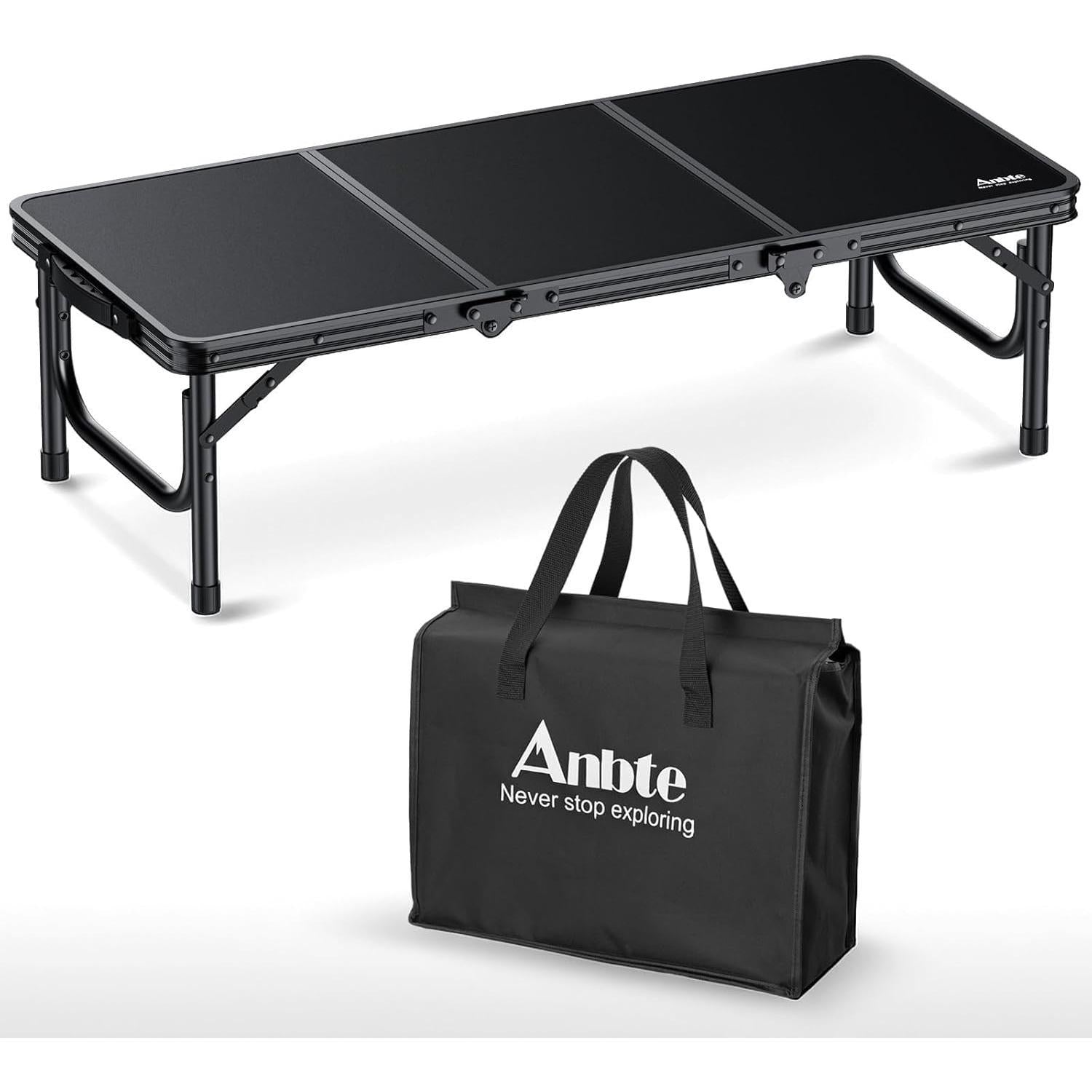 Anbte 3ft Low Folding Picnic Table, 10.3" Height Thicker Aluminum Small Camping Table with Storage Bag, Portable Handle, Lightweight, for Camping Beach Party Picnic Floor, 34.2" x 15.7", Black