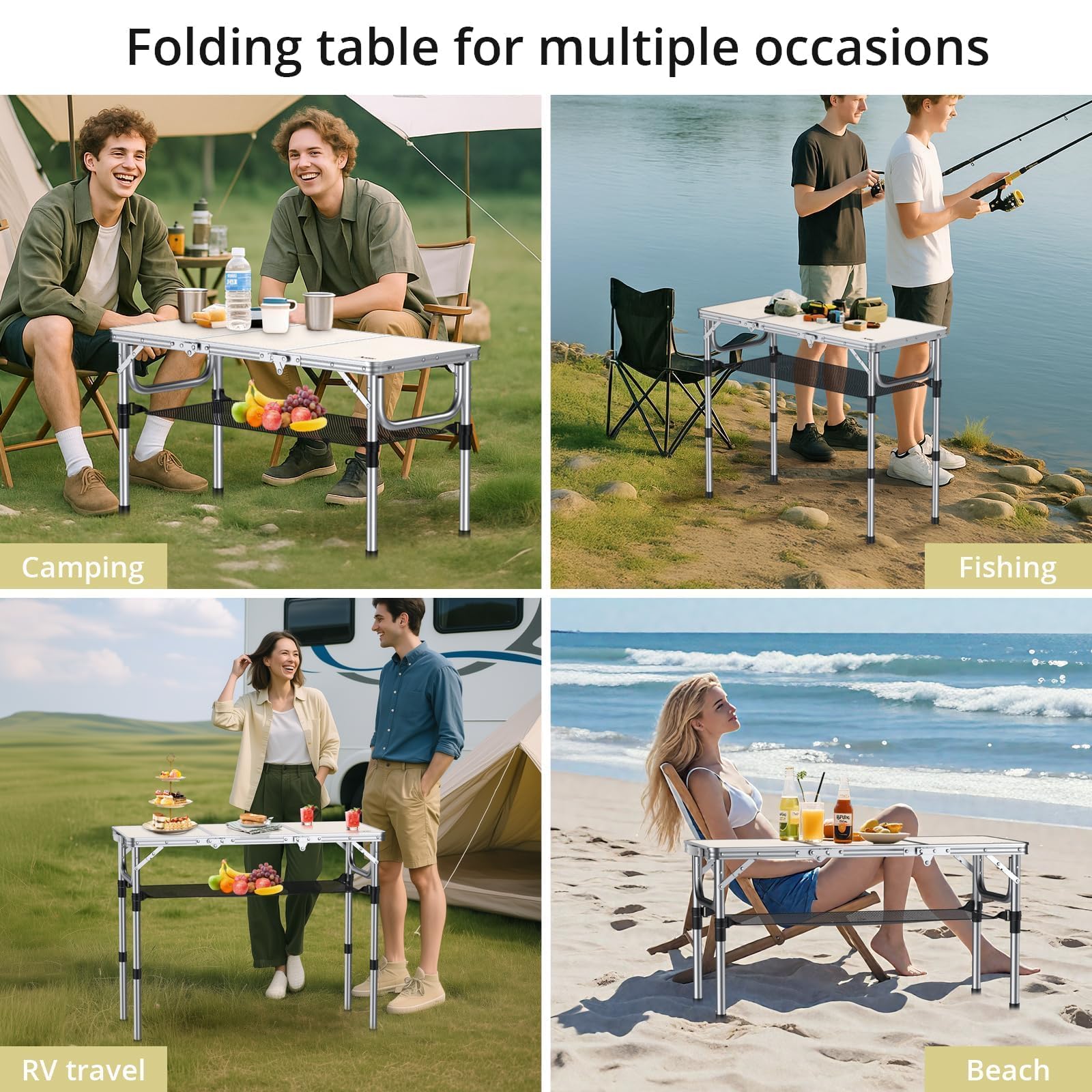 Anbte 3ft Tri-fold Camping Table, 3 Adjustable Height Aluminum Folding Table with Storage Net, for Outdoor BBQ Picnic