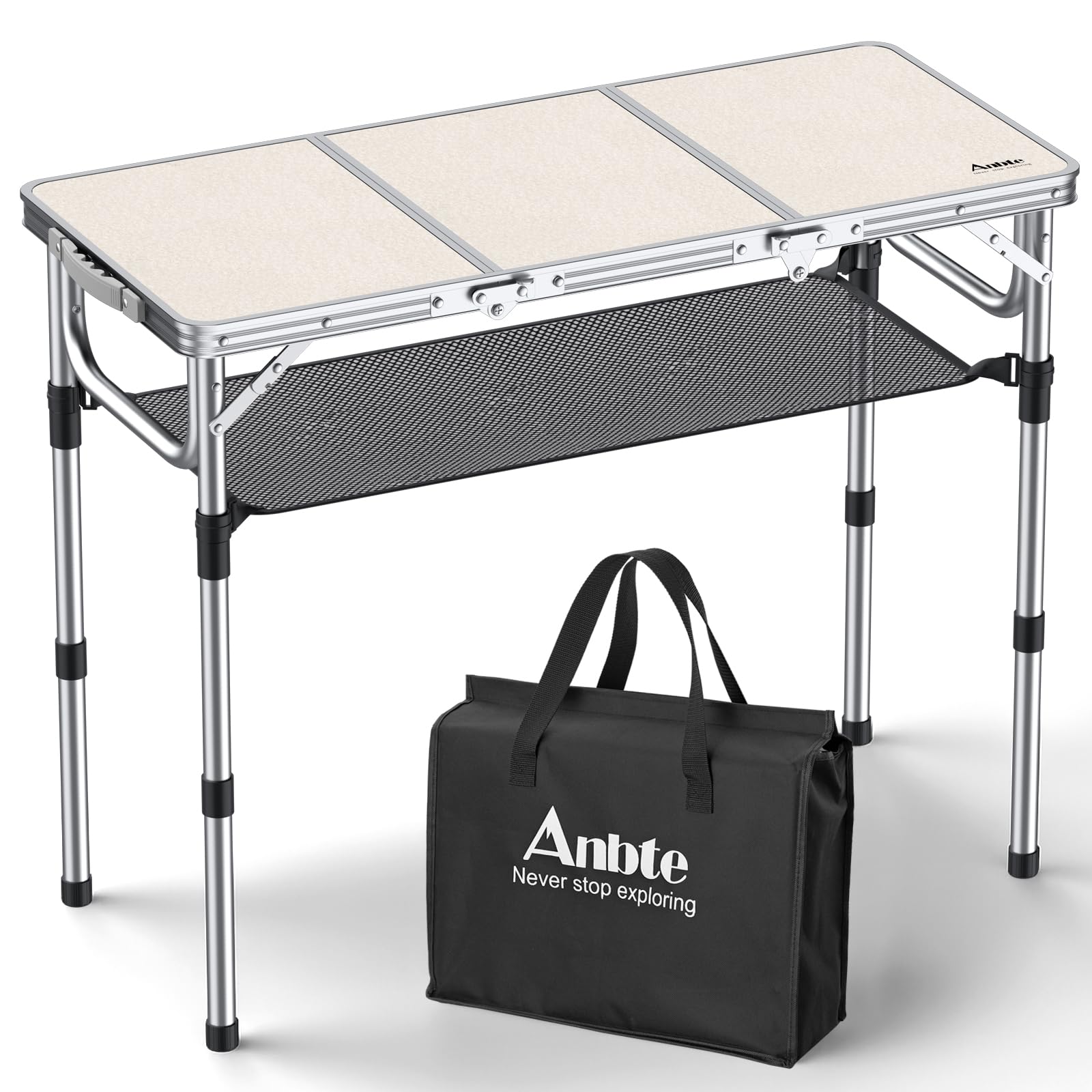 Anbte 3ft Tri-fold Camping Table, 3 Adjustable Height Aluminum Folding Table with Storage Net, for Outdoor BBQ Picnic