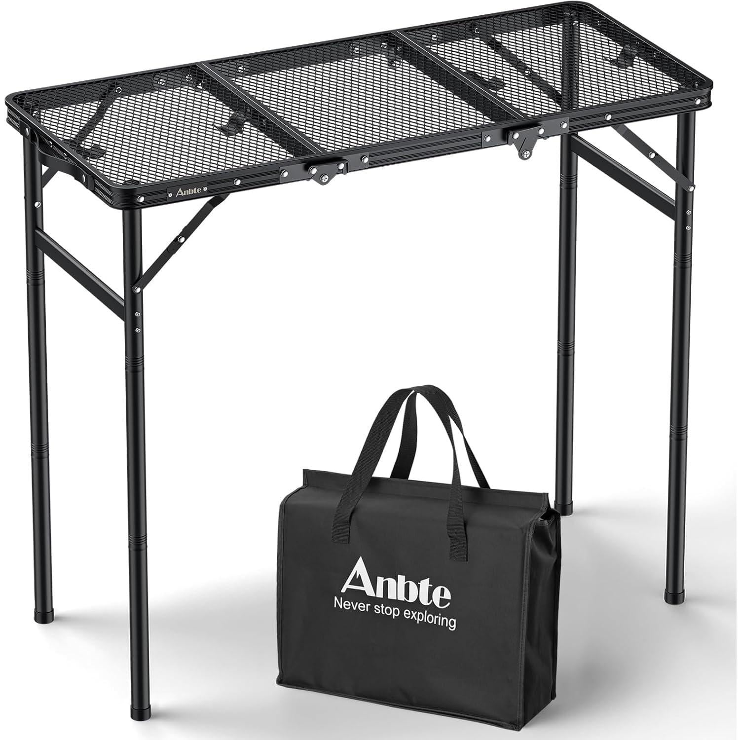 Anbte 3ft Tri-fold Grill Table, 2 Adjustable Heights Max 29.5" Sturdy Metal Grill Table with Storage Bag, Heat-Resistant Tabletop, Portable Handle for Cooking BBQ Outdoor Travel, 35" x 16", Black