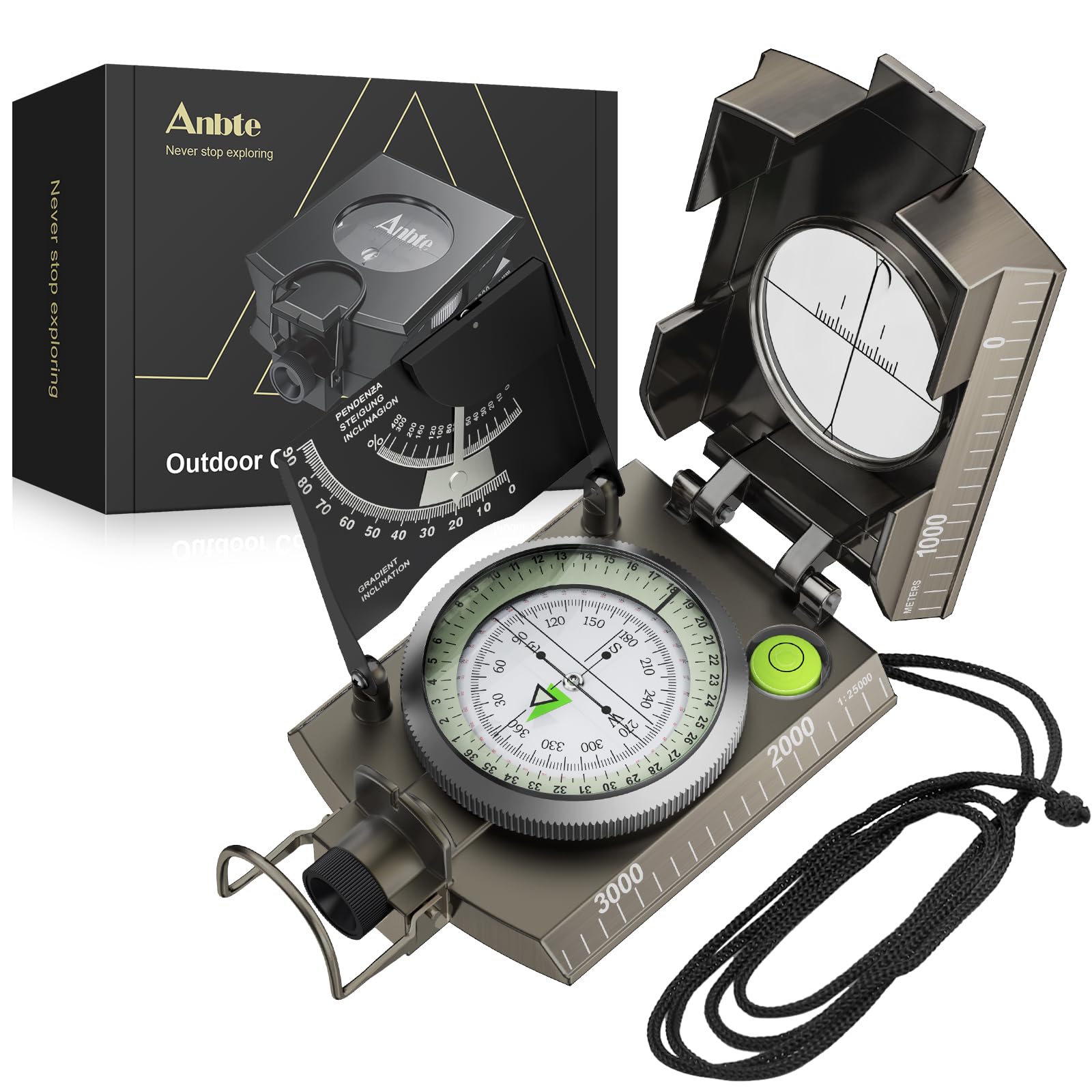 Anbte IP65 Waterproof Metal Sighting Compass with Clinometer, Portable Survival Navigation Gear for Hiking Hunting Camping Geology