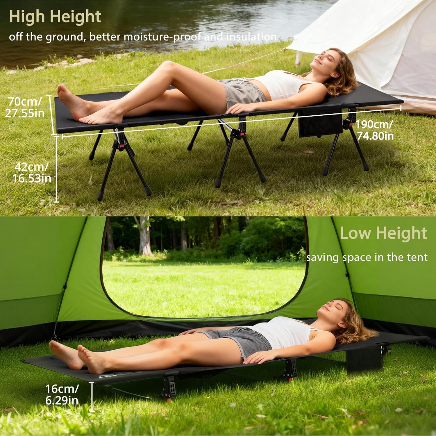 Anbte 400lbs Height Adjustable Camping Cot, 74.8" x 27.5" Folding Bed with Storage Net & Bag, Portable for Camping Travel Beach