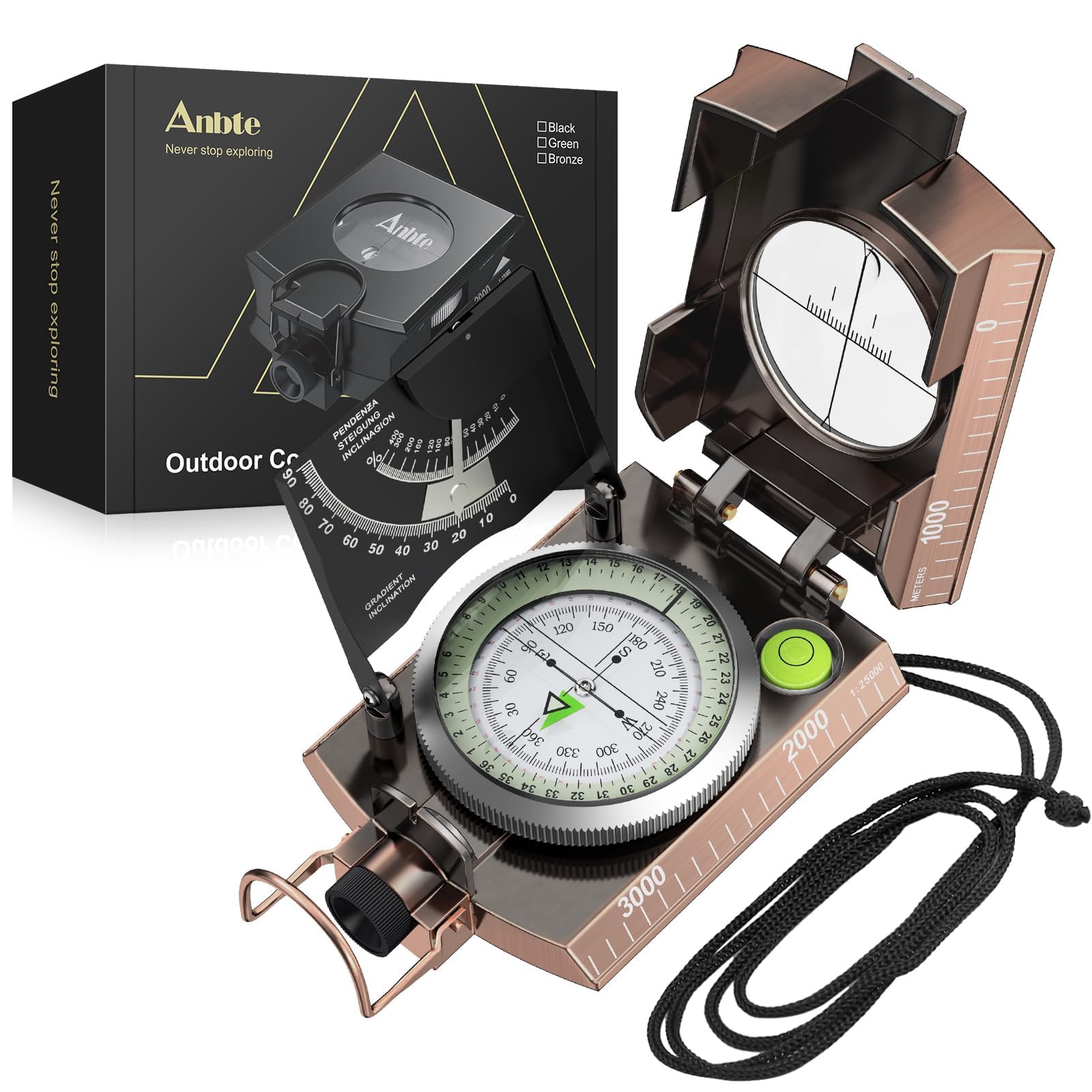 Anbte IP65 Waterproof Metal Sighting Compass with Clinometer, Portable Survival Navigation Gear for Hiking Hunting Camping Geology