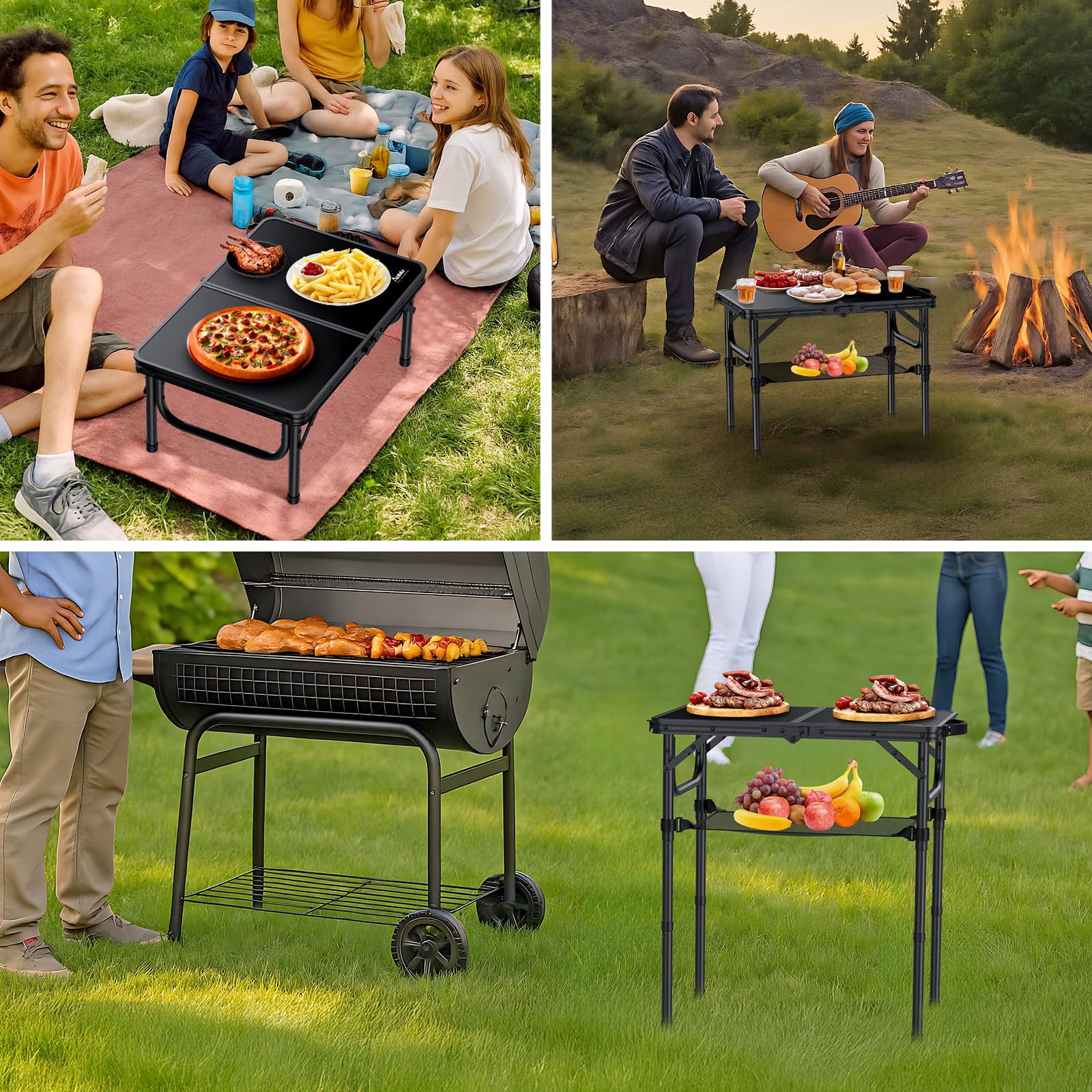 Anbte 22.8" x 15.7" Folding Camping Table, Lightweight Aluminum 3 Height Adjustable Table with Carry Handle & Storage Net for Beach RV Travel