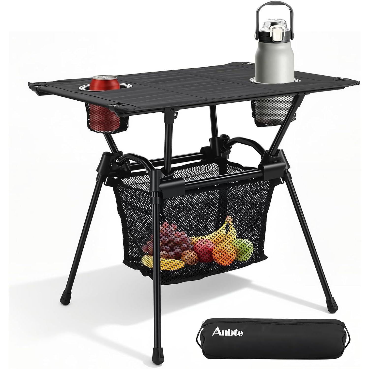 Anbte Ultralight Portable Camping Table, 3.2lb Folding Camping Table with Cup Holders & Storage Net, 20in Height for Camping Hiking Tailgating Beach Picnic Travel Patio, 23" x 16", Black