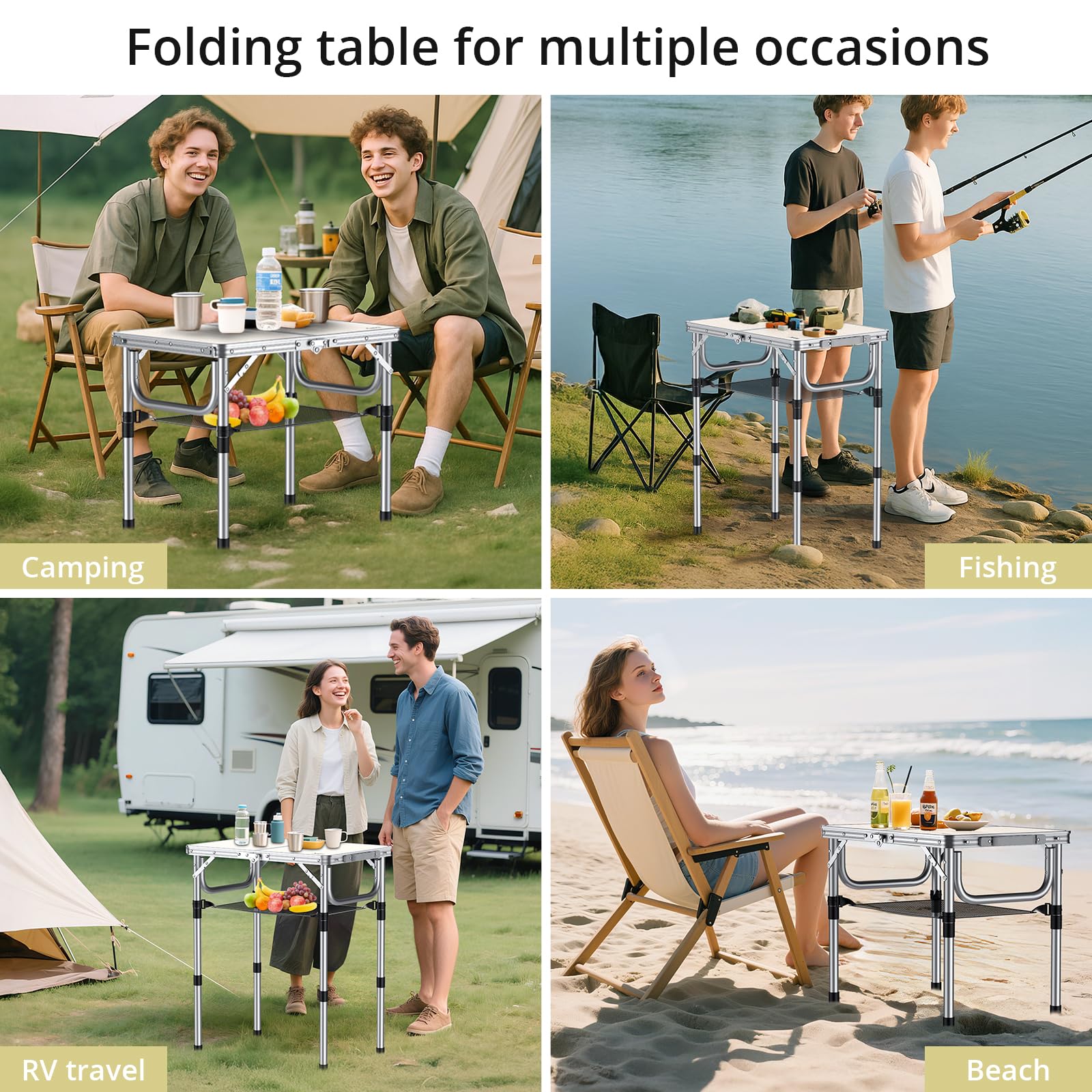 Anbte 3 Adjustable Height Folding Camping Table, 24" x 16" Aluminum Portable Table with Carry Handle, for Outdoor Picnic BBQ