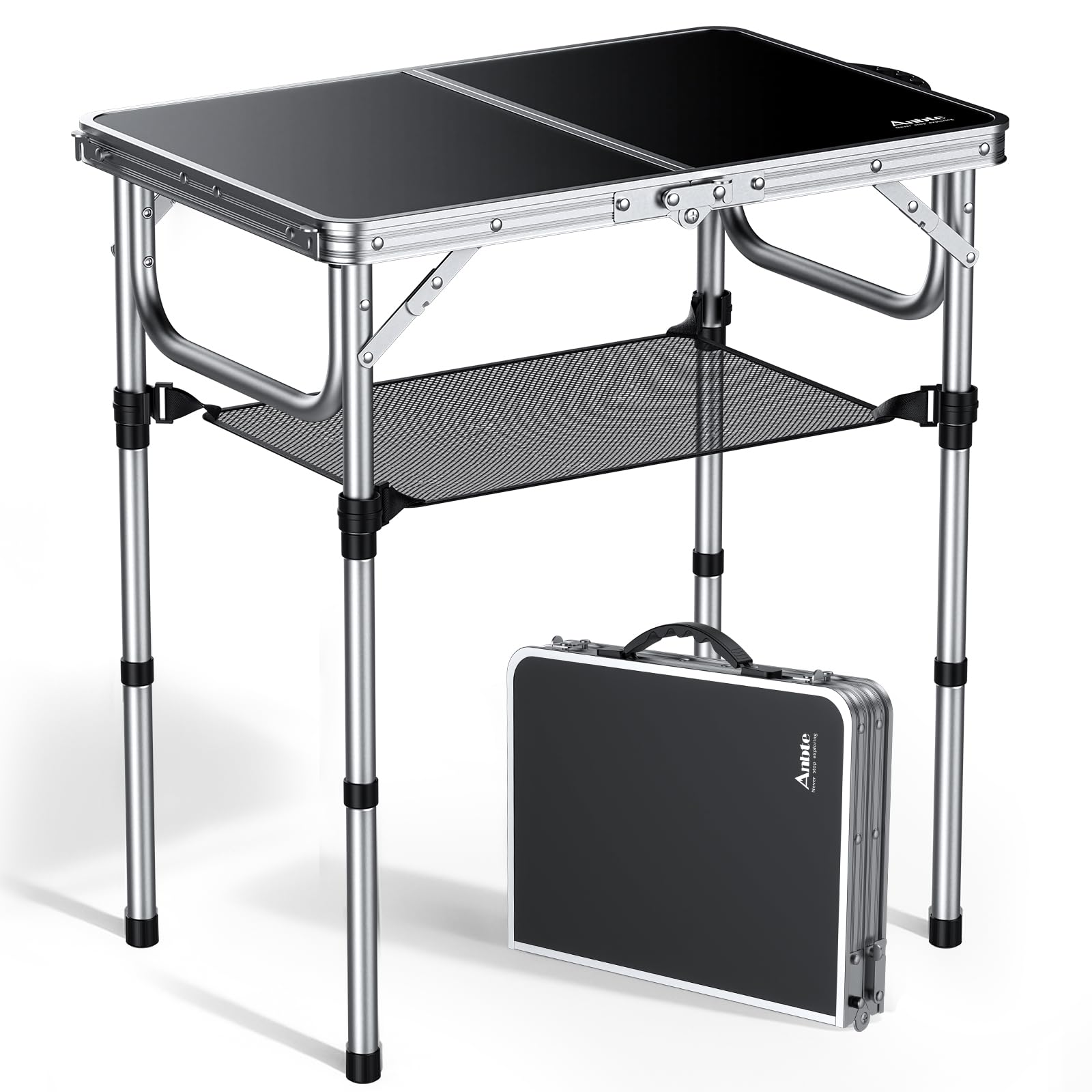 Anbte 22.8" x 15.7" Folding Camping Table, Lightweight Aluminum 3 Height Adjustable Table with Carry Handle & Storage Net for Beach RV Travel