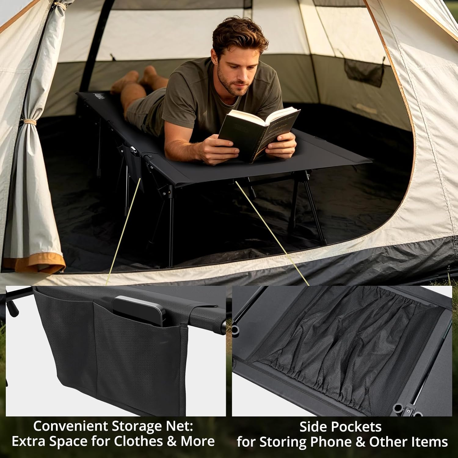 Anbte 400lbs Height Adjustable Camping Cot, 74.8" x 27.5" Folding Bed with Storage Net & Bag, Portable for Camping Travel Beach